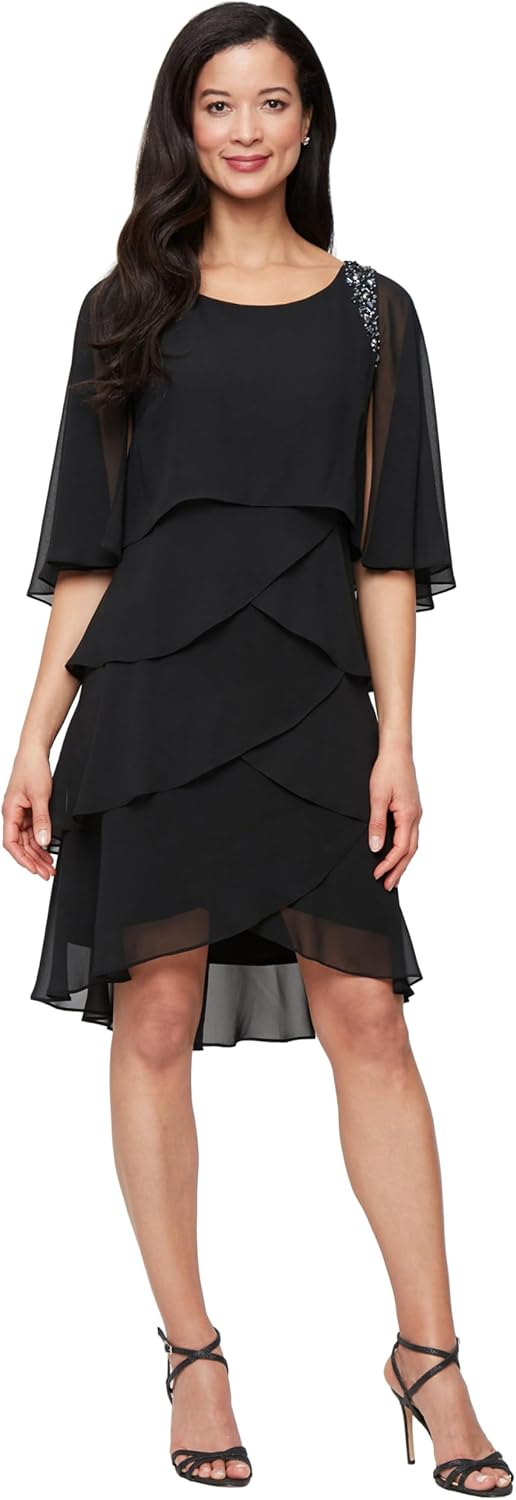 S.L. Fashions Women’s Tiered Chiffon Cocktail Party Dress with Attached Cape & Beaded Shoulders (Petite and Regular Sizes) S.L. Fashions Women’s Tiered Chiffon Cocktail Party Dress with Attached Cape & Beaded Shoulders (Petite and Regular Sizes)