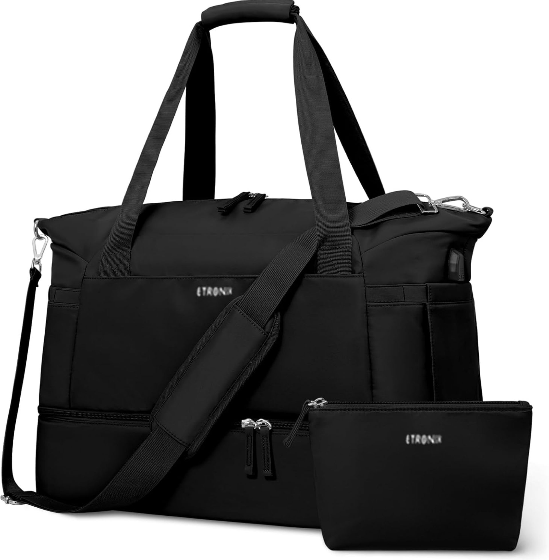 ETRONIK Gym Bag for Women, 47L Carry On Travel Duffel Bag with Shoes Compartment, Weekender Overnight Bag with Wet Pocket & USB Charging Port for Women, Travel, Gym, Weekend, Large Size (Black) ETRONIK Gym Bag for Women, 47L Carry On Travel Duffel Bag with Shoes Compartment, Weekender Overnight Bag with Wet Pocket & USB Charging Port for Women, Travel, Gym, Weekend, Large Size (Black)