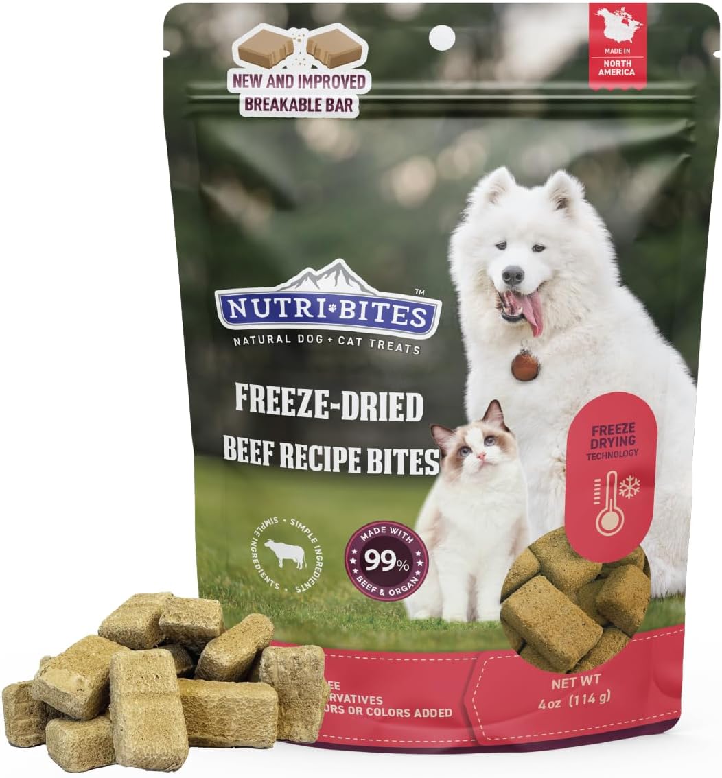 NutriBites Freeze Dried Beef Recipe Dog & Cat Treats, 4oz | Healthy Pet Training Treats or Food Topper | All Natural, Single Ingredient, High Protein | Great for Puppy, Small, Medium, or Large Breeds NutriBites Freeze Dried Beef Recipe Dog & Cat Treats, 4oz | Healthy Pet Training Treats or Food Topper | All Natural, Single Ingredient, High Protein | Great for Puppy, Small, Medium, or Large Breeds