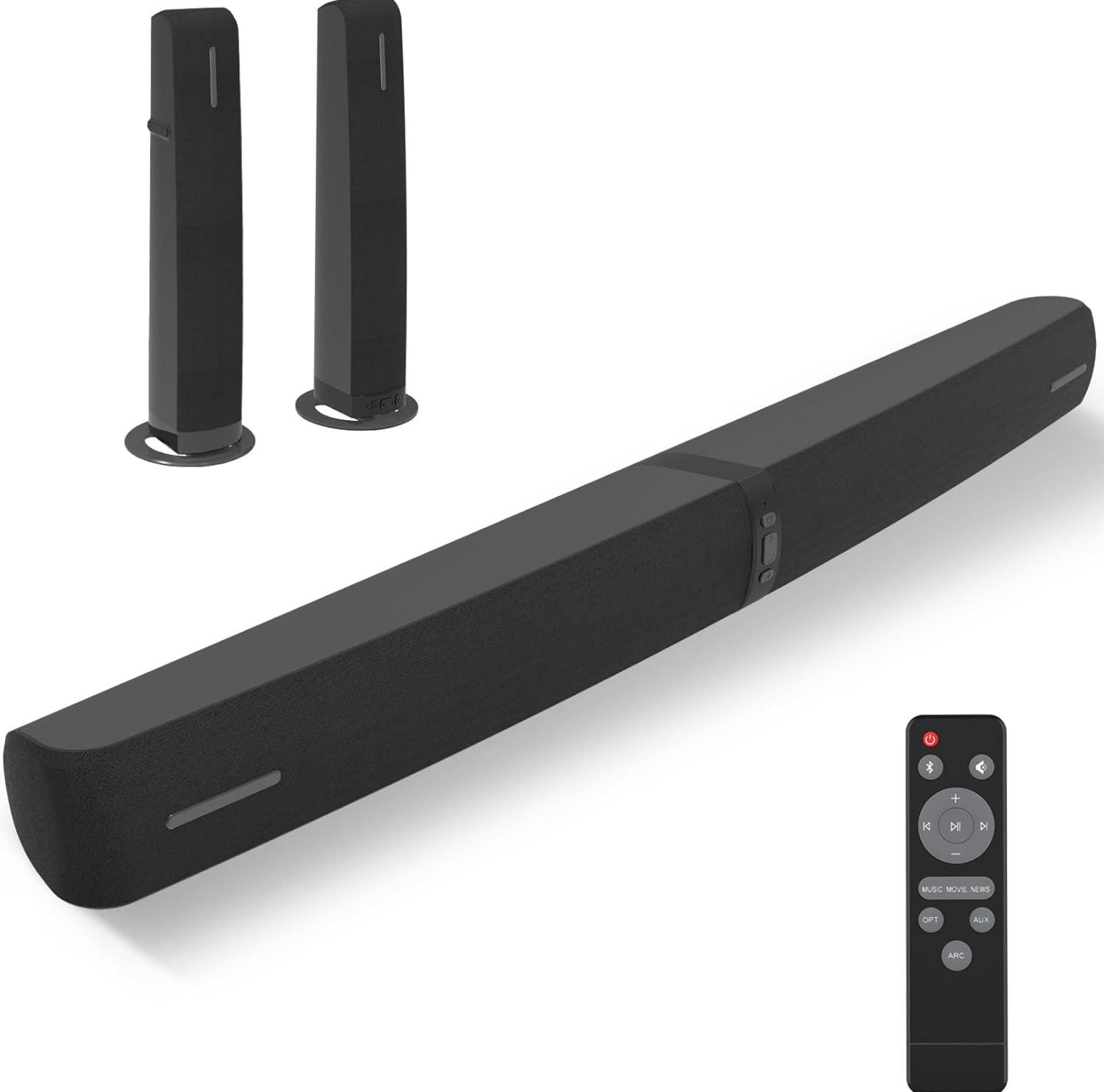 Sound Bar for Smart TV, 90W Soundbar with Bluetooth/ARC/Optical/AUX Connect, Auto Volume Boost, 3 Equalizer Modes, 2 in 1 Detachable Soundbar for TV for TV/PC/Gaming/Projectors Sound Bar for Smart TV, 90W Soundbar with Bluetooth/ARC/Optical/AUX Connect, Auto Volume Boost, 3 Equalizer Modes, 2 in 1 Detachable Soundbar for TV for TV/PC/Gaming/Projectors