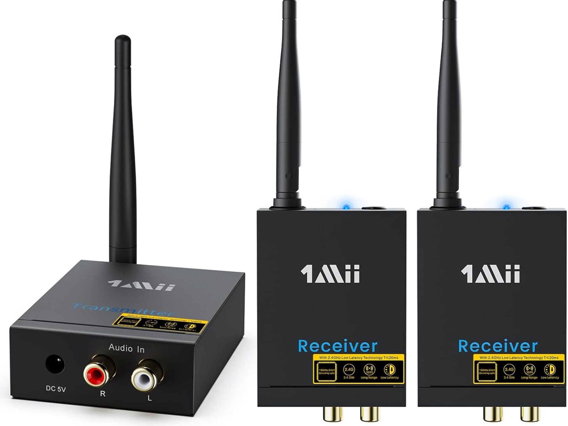 1Mii 3-in-1 2.4GHz Wireless Audio Transmitter and Receiver for TV, 20ms Ultra Low Delay RCA Out/in, 320 ft Range Wireless Adapter for Subwoofer to TV/PC/CD Player, 2 Receivers for Two Speakers 1Mii 3-in-1 2.4GHz Wireless Audio Transmitter and Receiver for TV, 20ms Ultra Low Delay RCA Out/in, 320 ft Range Wireless Adapter for Subwoofer to TV/PC/CD Player, 2 Receivers for Two Speakers