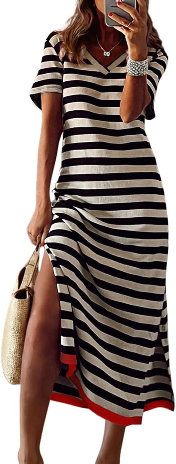 Dokotoo Summer Dress Casual Womens Fashion Short Sleeve Maxi Dress T Shirt Dress Striped Long Color Block Maxi Dress Dokotoo Summer Dress Casual Womens Fashion Short Sleeve Maxi Dress T Shirt Dress Striped Long Color Block Maxi Dress