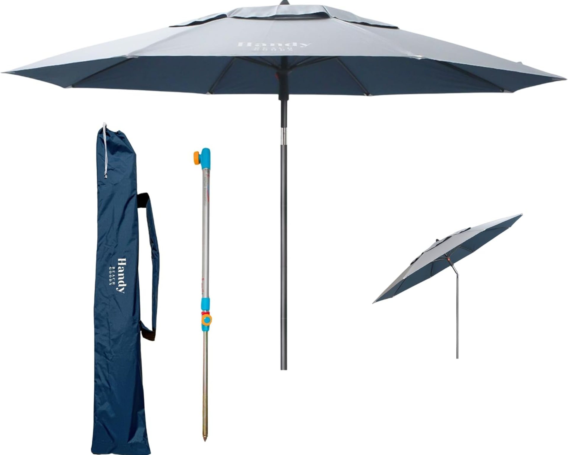 Handy Beach Umbrella & Anchor System, Large 7ft Silver Coated UPF55 Canopy, 10 Second Installation, Wind Resistant, Durable, Lightweight, Comfortable Dual Pocket Bag Included Handy Beach Umbrella & Anchor System, Large 7ft Silver Coated UPF55 Canopy, 10 Second Installation, Wind Resistant, Durable, Lightweight, Comfortable Dual Pocket Bag Included