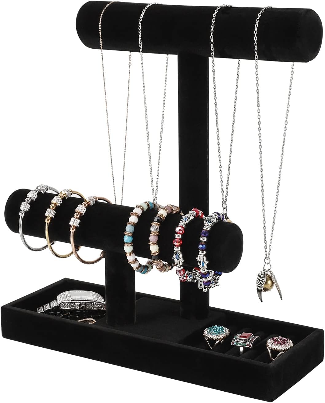 ByKen Necklace Holder,Bracelet Holder,Jewelry Organizer Stand with Earrings Rings Tray,Jewelry Holder for Scrunchie Watches (Black Velvet) ByKen Necklace Holder,Bracelet Holder,Jewelry Organizer Stand with Earrings Rings Tray,Jewelry Holder for Scrunchie Watches (Black Velvet)