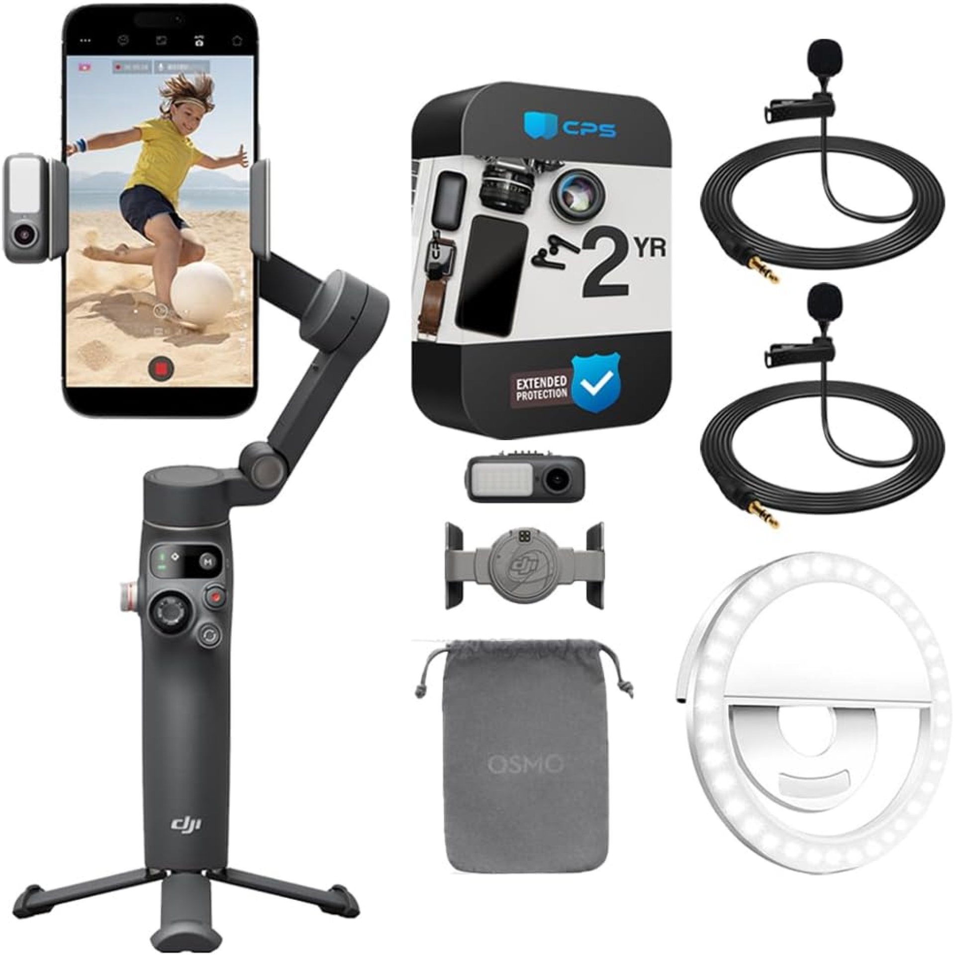 DJI Osmo Mobile 7P Gimbal Stabilizer for Smartphone 3-Axis Phone Gimbal Bundle with 2X Deco Essentials 3.5mm Clip-On Mini Lapel Microphone +LED Cordless Smartphone Ring Light + 2 Year Protection Pack DJI Osmo Mobile 7P Gimbal Stabilizer for Smartphone 3-Axis Phone Gimbal Bundle with 2X Deco Essentials 3.5mm Clip-On Mini Lapel Microphone +LED Cordless Smartphone Ring Light + 2 Year Protection Pack