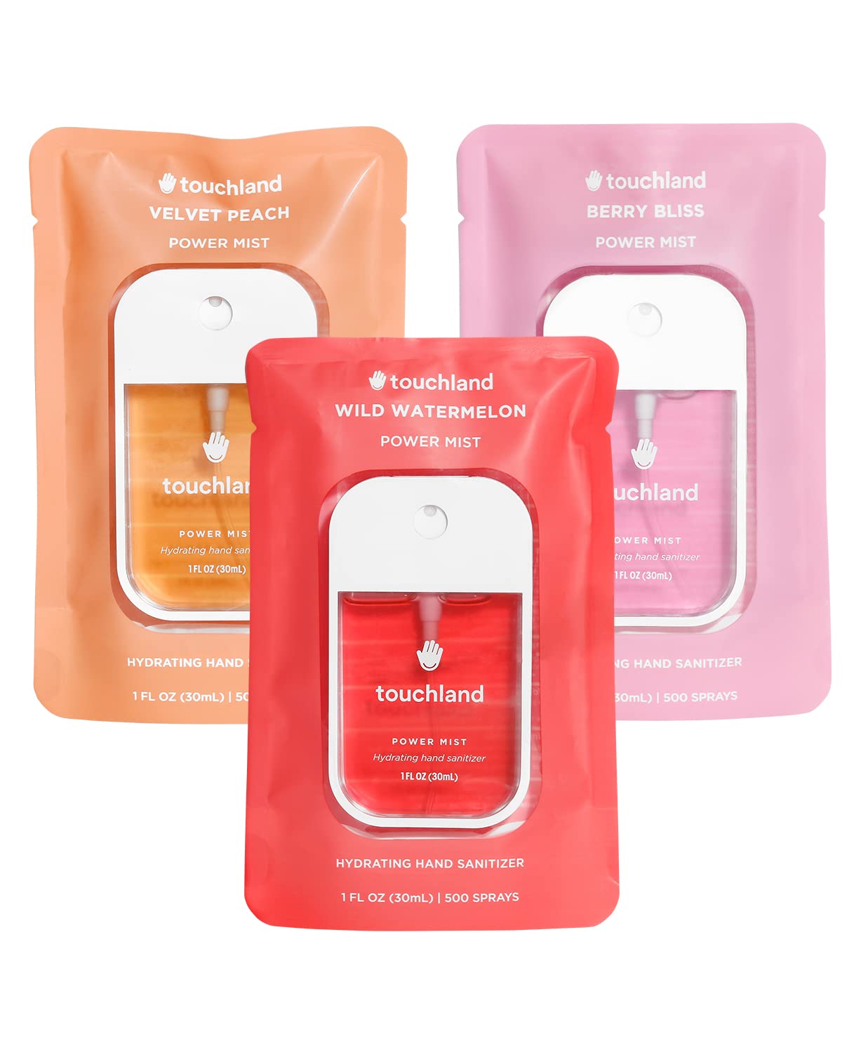 Touchland Power Mist Hydrating Hand Sanitizer Spray, JUICY Trio Set (Watermelon, Peach, Berry), 1 FL. OZ. Travel Size (Set of 3) Touchland Power Mist Hydrating Hand Sanitizer Spray, JUICY Trio Set (Watermelon, Peach, Berry), 1 FL. OZ. Travel Size (Set of 3)
