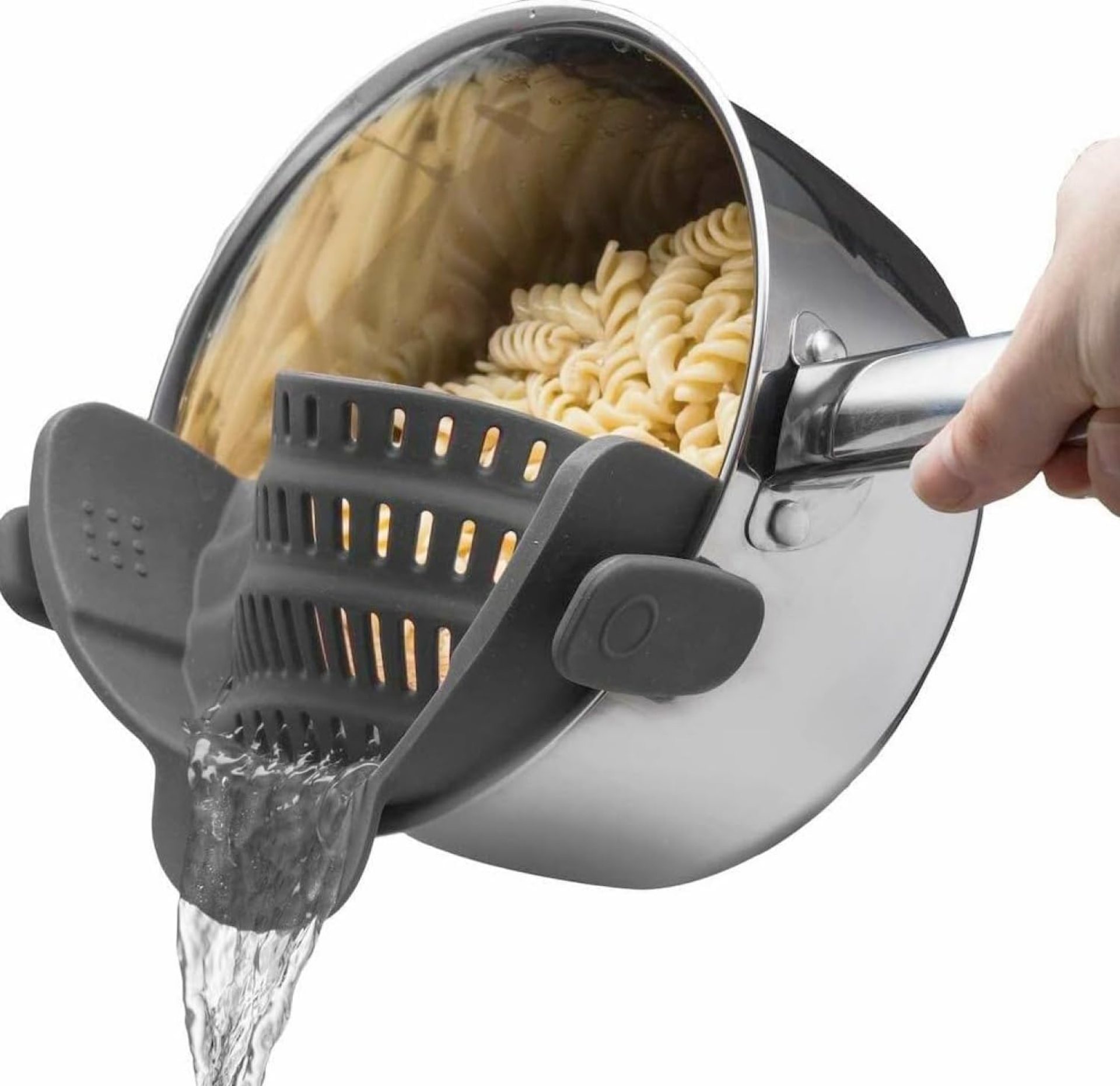 Kitchen Gizmo Snap N’ Strain – Silicone Pasta Strainer Clip-On for Pots and Pans – Heat Resistant Colander for Vegetables and Noodles – Kitchen Gadgets for Cooking – Space-Saving Design – Grey Kitchen Gizmo Snap N’ Strain – Silicone Pasta Strainer Clip-On for Pots and Pans – Heat Resistant Colander for Vegetables and Noodles – Kitchen Gadgets for Cooking – Space-Saving Design – Grey