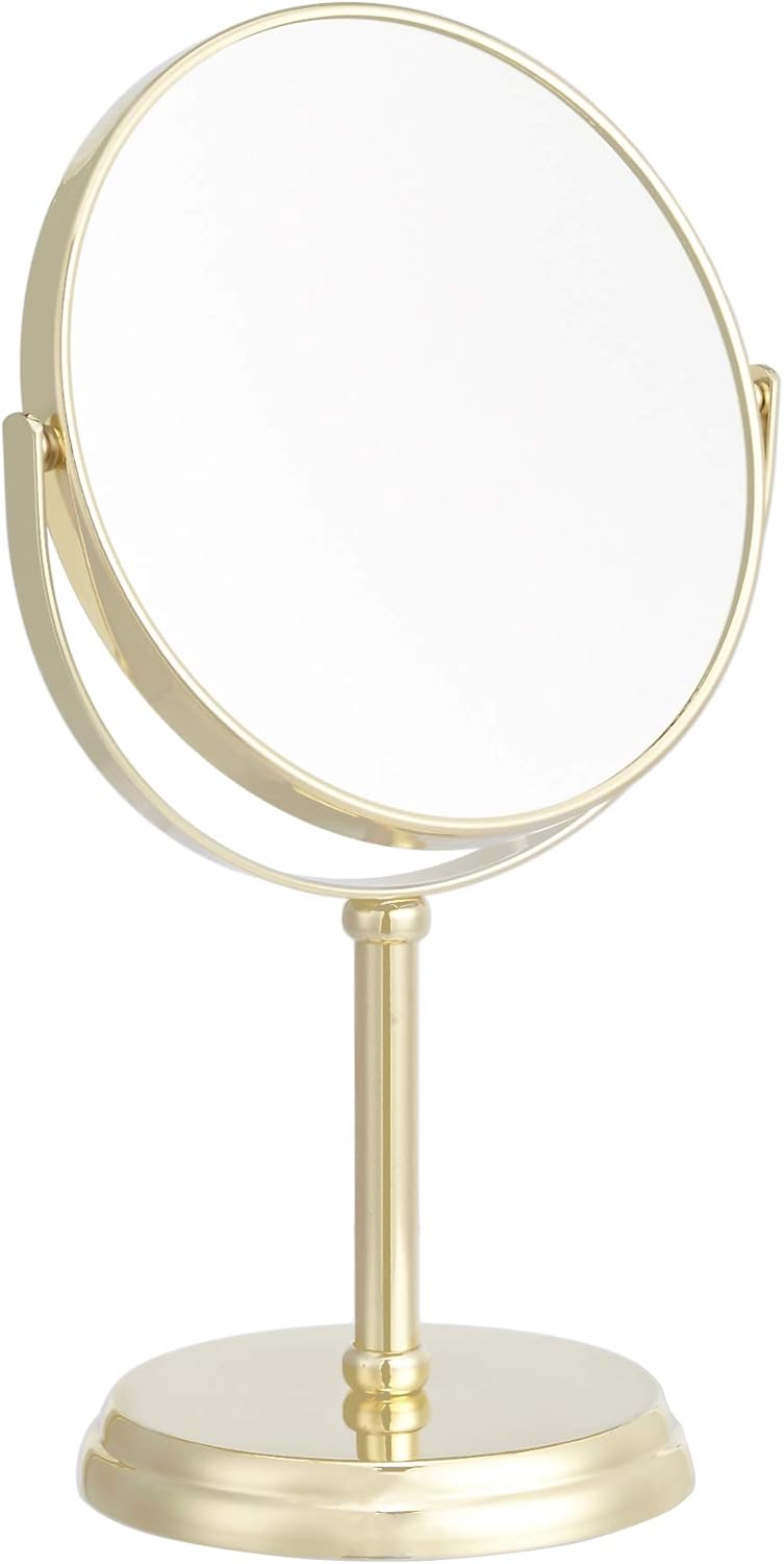 Amazon Basics Tabletop Mount Vanity Round Mirror, 1X/5X Magnification, Iron, 7.2″L x 4.92″W, Gold Amazon Basics Tabletop Mount Vanity Round Mirror, 1X/5X Magnification, Iron, 7.2″L x 4.92″W, Gold