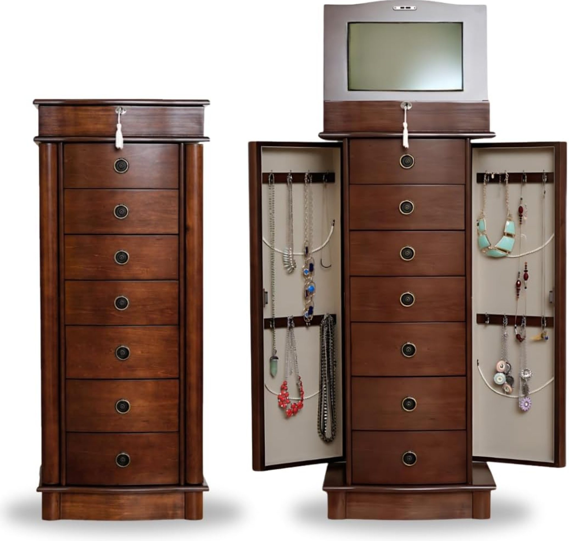 Hives and Honey Noelle Standing Jewelry Armoire Cabinet, Locking Jewelry Storage Organizer with Top Flip Mirror, 7 Drawers, Jewelry Chest Armoire, Jewelry Box for Necklace, Earring, Bracelet, Walnut Hives and Honey Noelle Standing Jewelry Armoire Cabinet, Locking Jewelry Storage Organizer with Top Flip Mirror, 7 Drawers, Jewelry Chest Armoire, Jewelry Box for Necklace, Earring, Bracelet, Walnut