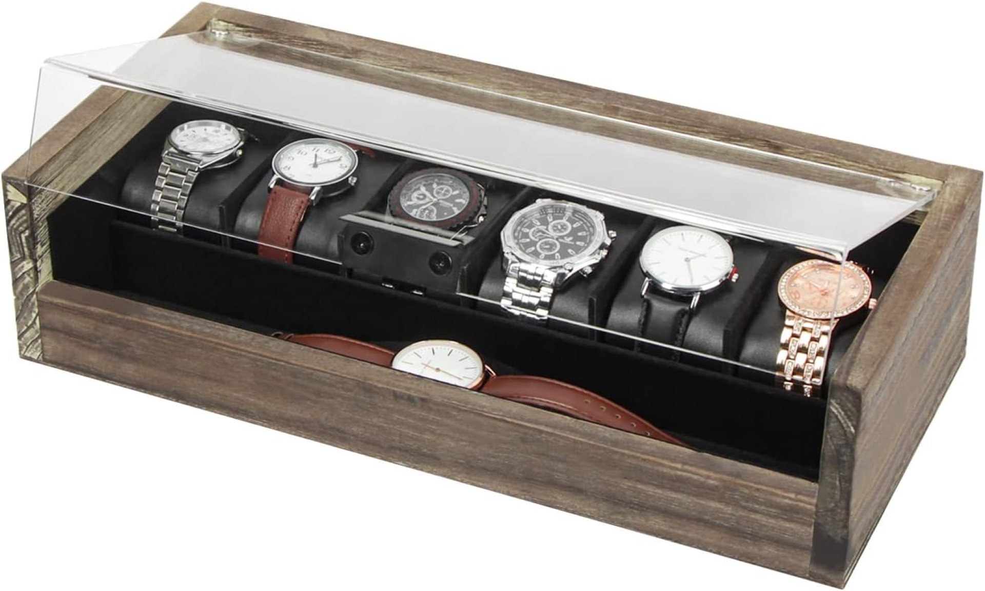 J JACKCUBE DESIGN Rustic Wood Watch Box with 7 Compartment Slot Watch, Jewelry Display Organizer for Men, Vintage Storage Holder Case with Acrylic Top, Metal Hinge- MK605B J JACKCUBE DESIGN Rustic Wood Watch Box with 7 Compartment Slot Watch, Jewelry Display Organizer for Men, Vintage Storage Holder Case with Acrylic Top, Metal Hinge- MK605B