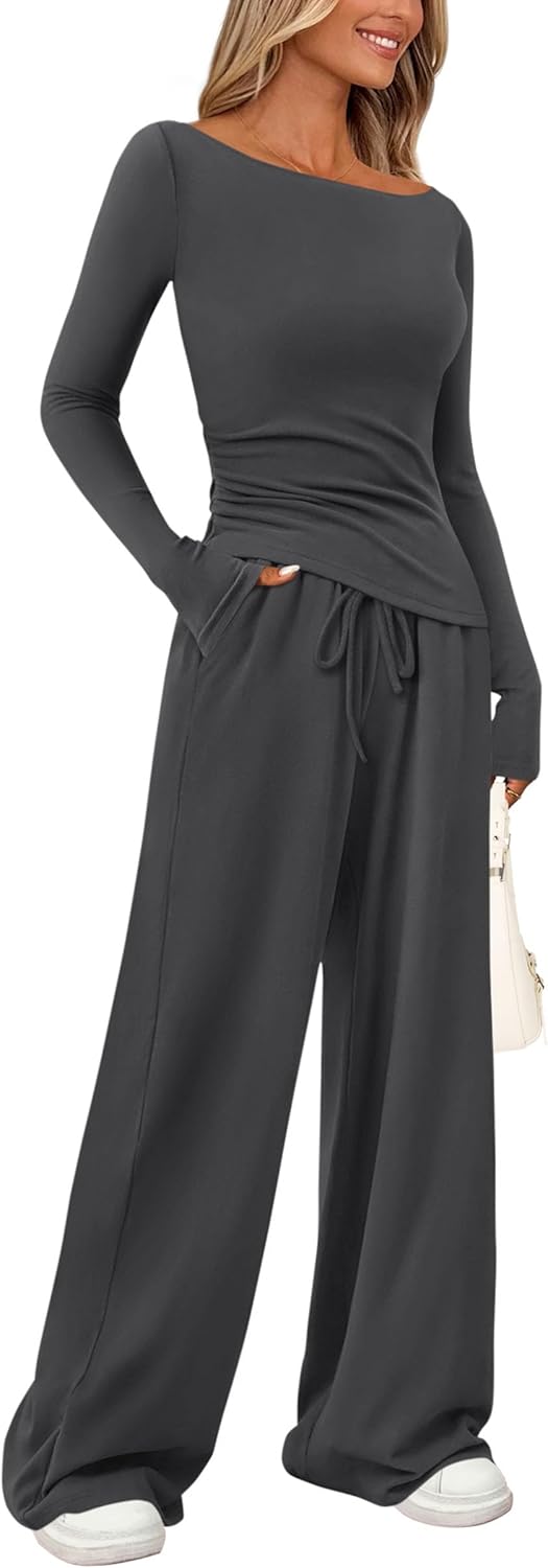 PRETTYGARDEN Women’s 2 Piece Lounge Sets Asymmetrical Long Sleeve T Shirt Wide Leg Pants Casual Outfits Tracksuit PRETTYGARDEN Women’s 2 Piece Lounge Sets Asymmetrical Long Sleeve T Shirt Wide Leg Pants Casual Outfits Tracksuit
