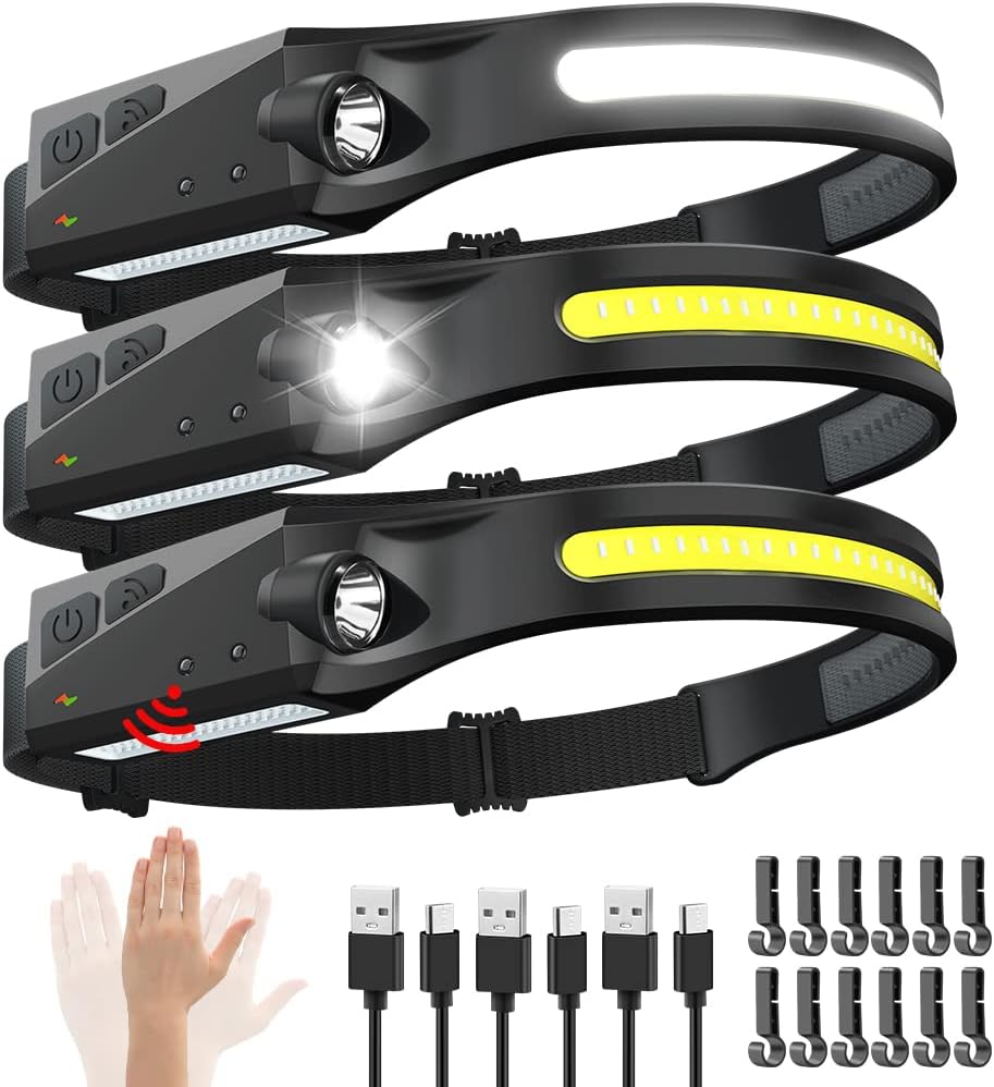 Rechargeable Headlamp 3PCS, 230° Wide Beam Head Lamp, Motion Sensor LED Headlamp Rechargeable, 5Mode Headlamps for Adults, Bright Head Lights for Forehead, Hard Hat Headlight, Camping Essentials Gear Rechargeable Headlamp 3PCS, 230° Wide Beam Head Lamp, Motion Sensor LED Headlamp Rechargeable, 5Mode Headlamps for Adults, Bright Head Lights for Forehead, Hard Hat Headlight, Camping Essentials Gear