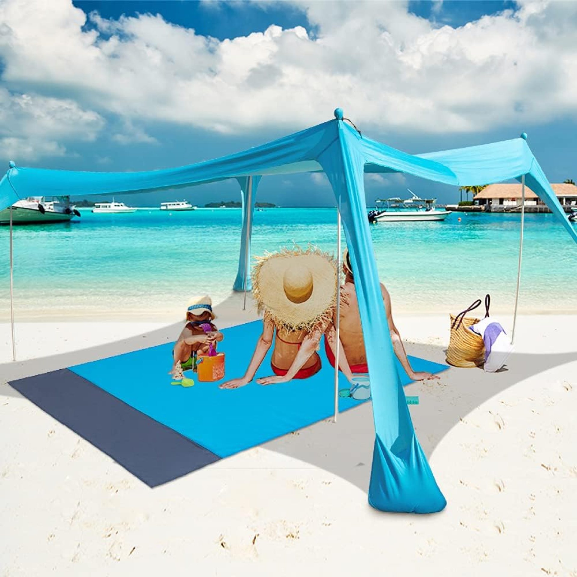 Family Beach Tent with 4 Aluminum Poles, 10×10 FT, with A Floor Mat, UPF50+ Portable Sun Shelter with Reinforced Corners, Outdoor Sunshade for Beach, Camping Trips, Backyard Fun or Fishing Family Beach Tent with 4 Aluminum Poles, 10×10 FT, with A Floor Mat, UPF50+ Portable Sun Shelter with Reinforced Corners, Outdoor Sunshade for Beach, Camping Trips, Backyard Fun or Fishing