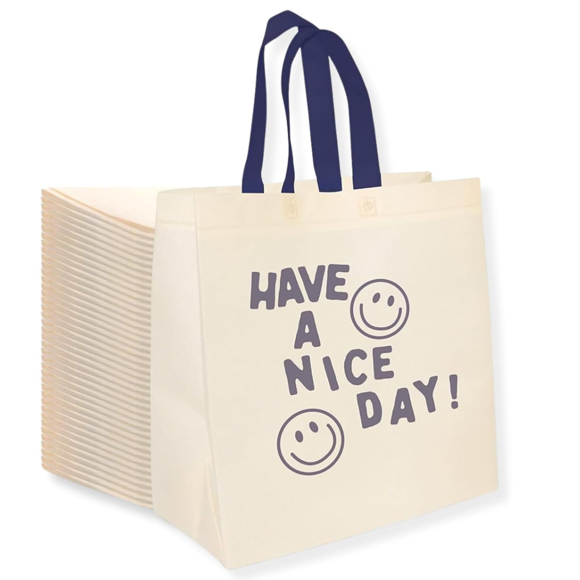 Bagways 50 PACK Reusable Grocery Bags with Handles, Durable, Foldable, Washable Eco-Friendly Shopping Tote Bags Bulk, 14×6.5×14 Inch, Cream/Blue Design Bagways 50 PACK Reusable Grocery Bags with Handles, Durable, Foldable, Washable Eco-Friendly Shopping Tote Bags Bulk, 14×6.5×14 Inch, Cream/Blue Design