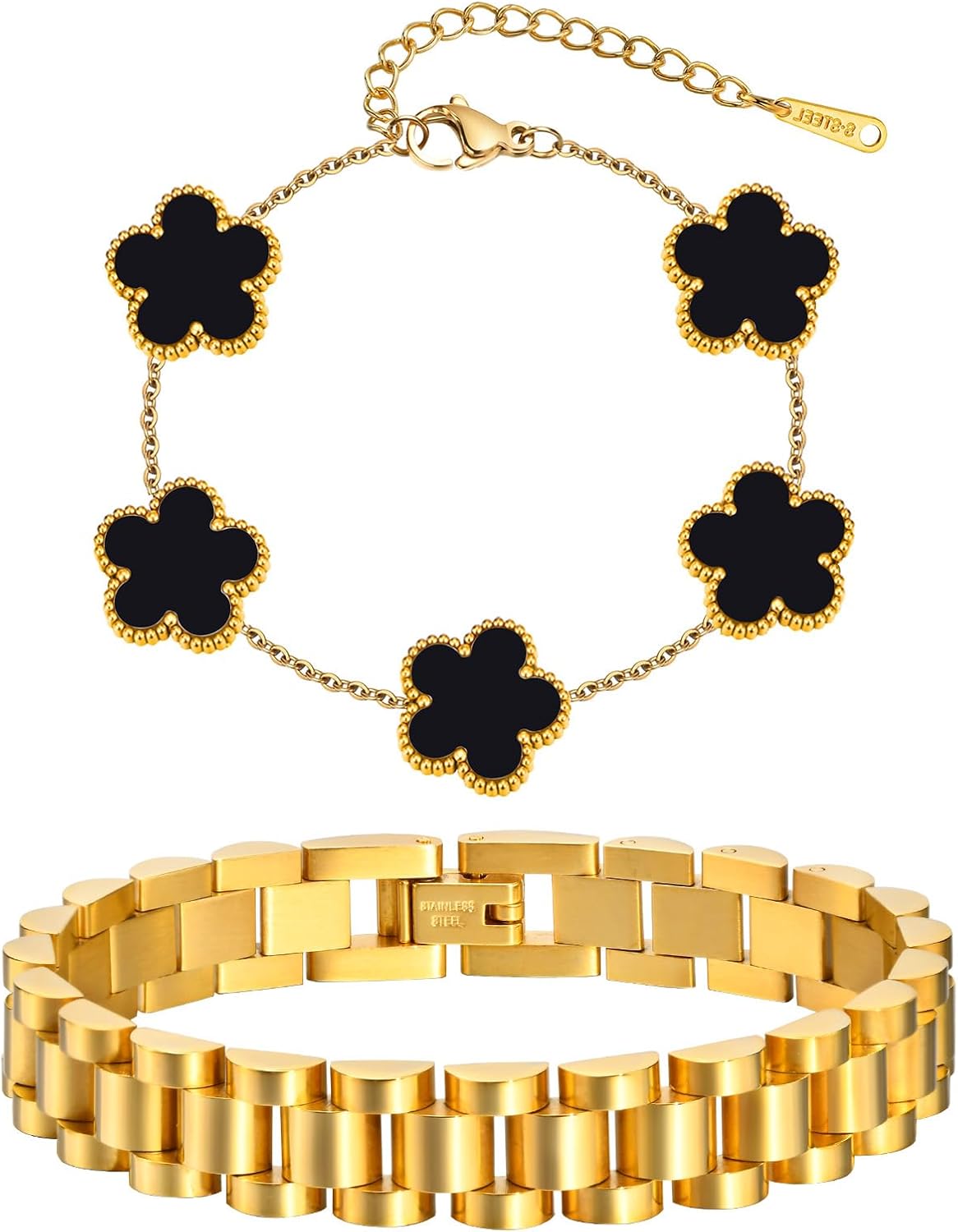 Stackable Gold Floral Bracelets Set , 2pcs 18K Gold Plated Bracelet Non-tarnish,Stainless Steel Link Chain Friendship Bracelet,Watch Band Trendy Jewelry,Christmas Valentines Birthday Gifts for Women Stackable Gold Floral Bracelets Set , 2pcs 18K Gold Plated Bracelet Non-tarnish,Stainless Steel Link Chain Friendship Bracelet,Watch Band Trendy Jewelry,Christmas Valentines Birthday Gifts for Women