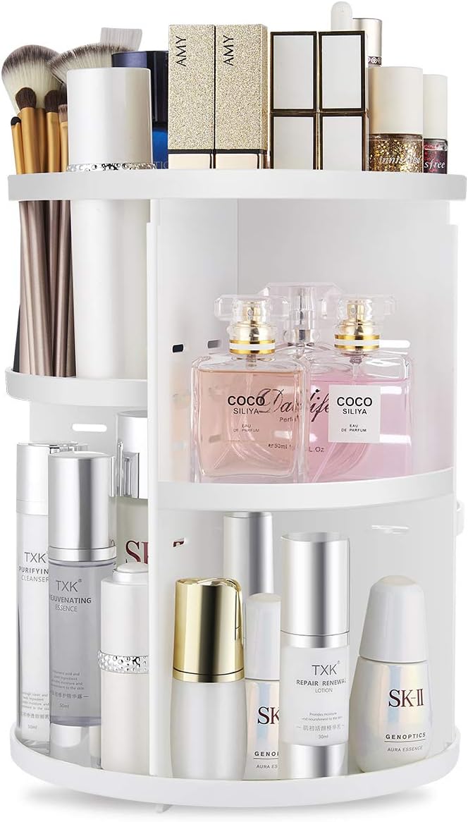 360 Rotating Makeup Organizer,DIY Adjustable Spinning Holder,Foldable Cosmetic Storage Display box,Large Capacity Make up Caddy Shelf,Fits Countertop Vanity and Bathroom (WHITE) 360 Rotating Makeup Organizer,DIY Adjustable Spinning Holder,Foldable Cosmetic Storage Display box,Large Capacity Make up Caddy Shelf,Fits Countertop Vanity and Bathroom (WHITE)