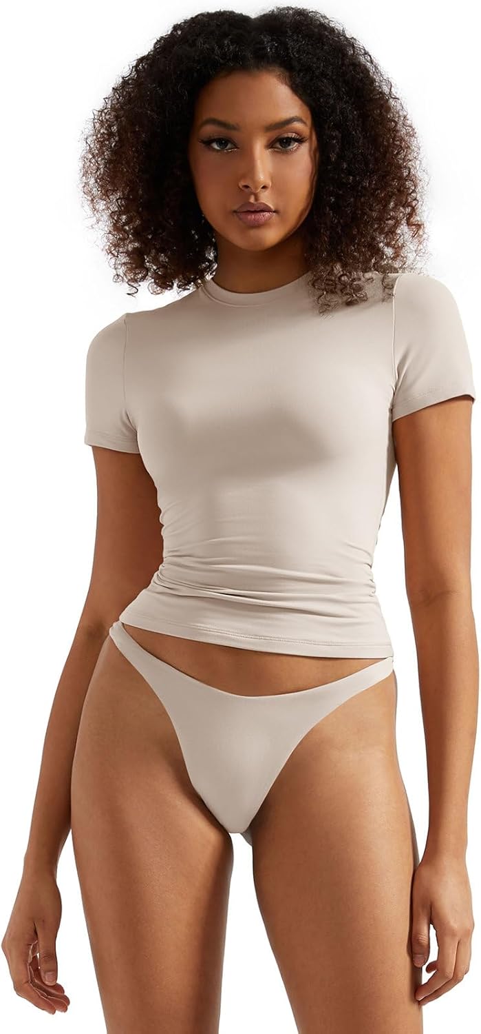 SUUKSESS Women Double Lined Fitted Basic Tee Crew Neck Short Sleeve Y2K Crop Top SUUKSESS Women Double Lined Fitted Basic Tee Crew Neck Short Sleeve Y2K Crop Top