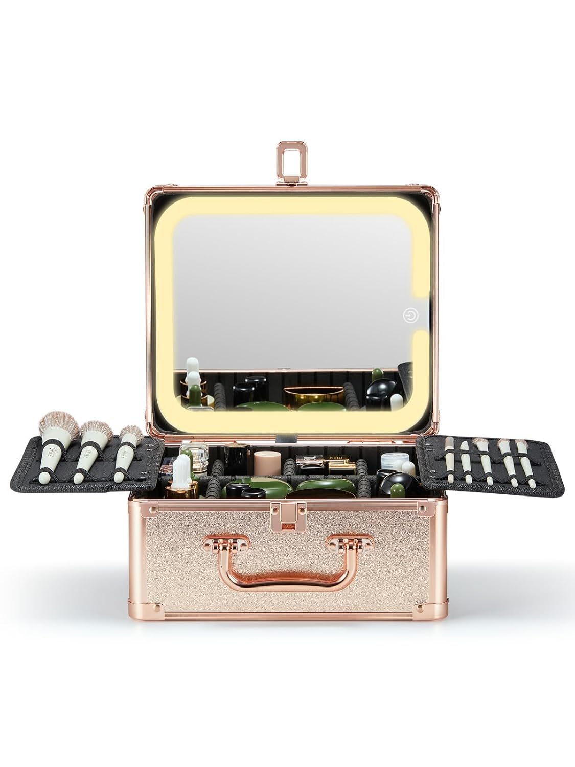Qislee Makeup Box with A Detachable Lighted Mirror, Waterproof Travel Train Case, Cosmetic Organizer and Makeup Suitcase with Adjustable Dividers, Magnetic LED Mirror(Rose Gold) Qislee Makeup Box with A Detachable Lighted Mirror, Waterproof Travel Train Case, Cosmetic Organizer and Makeup Suitcase with Adjustable Dividers, Magnetic LED Mirror(Rose Gold)