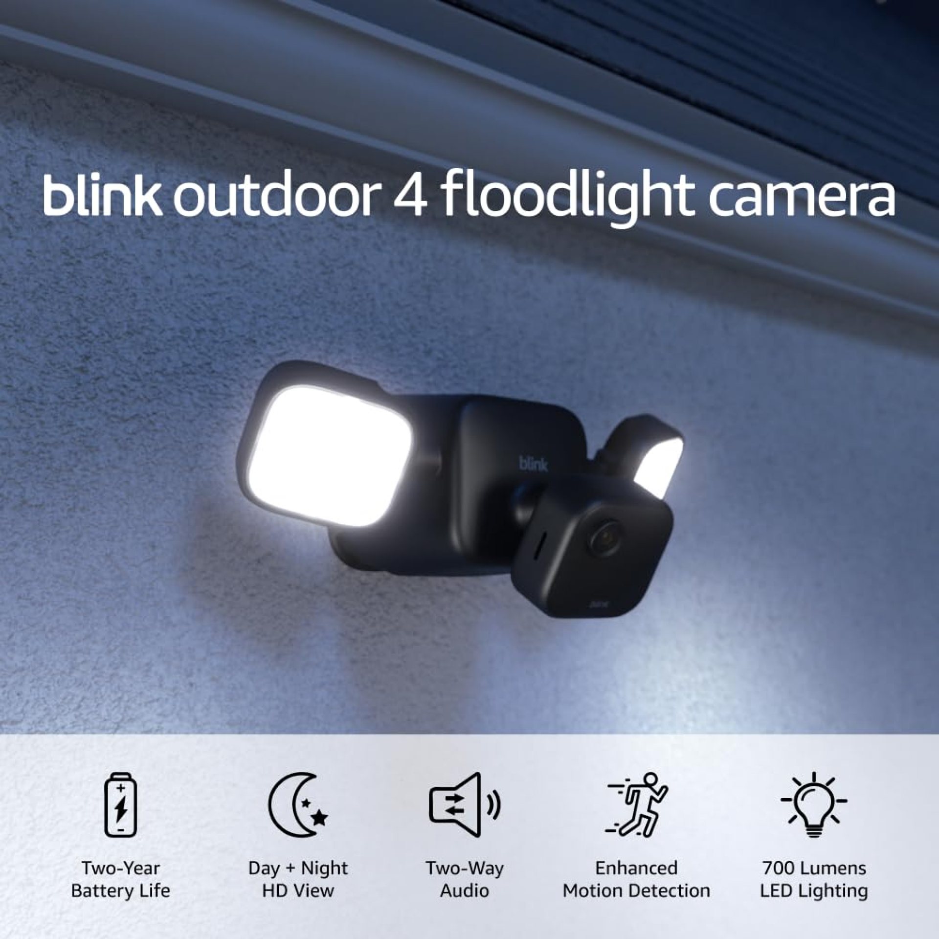 Blink Outdoor 4 Floodlight Camera (newest model), Wire-free smart security camera, 700 lumens, two-year battery life, HD live view, enhanced motion detection, Works with Alexa- 1 camera system Blink Outdoor 4 Floodlight Camera (newest model), Wire-free smart security camera, 700 lumens, two-year battery life, HD live view, enhanced motion detection, Works with Alexa- 1 camera system