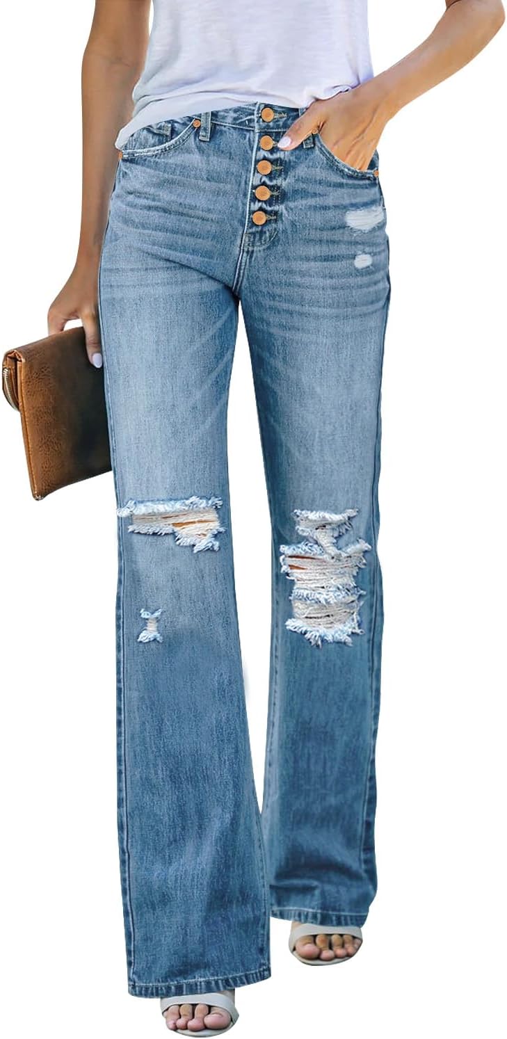 LookbookStore High Waisted Ripped Flare Jeans for Women Distressed Bell Bottom Jeans Wide Leg Pants LookbookStore High Waisted Ripped Flare Jeans for Women Distressed Bell Bottom Jeans Wide Leg Pants