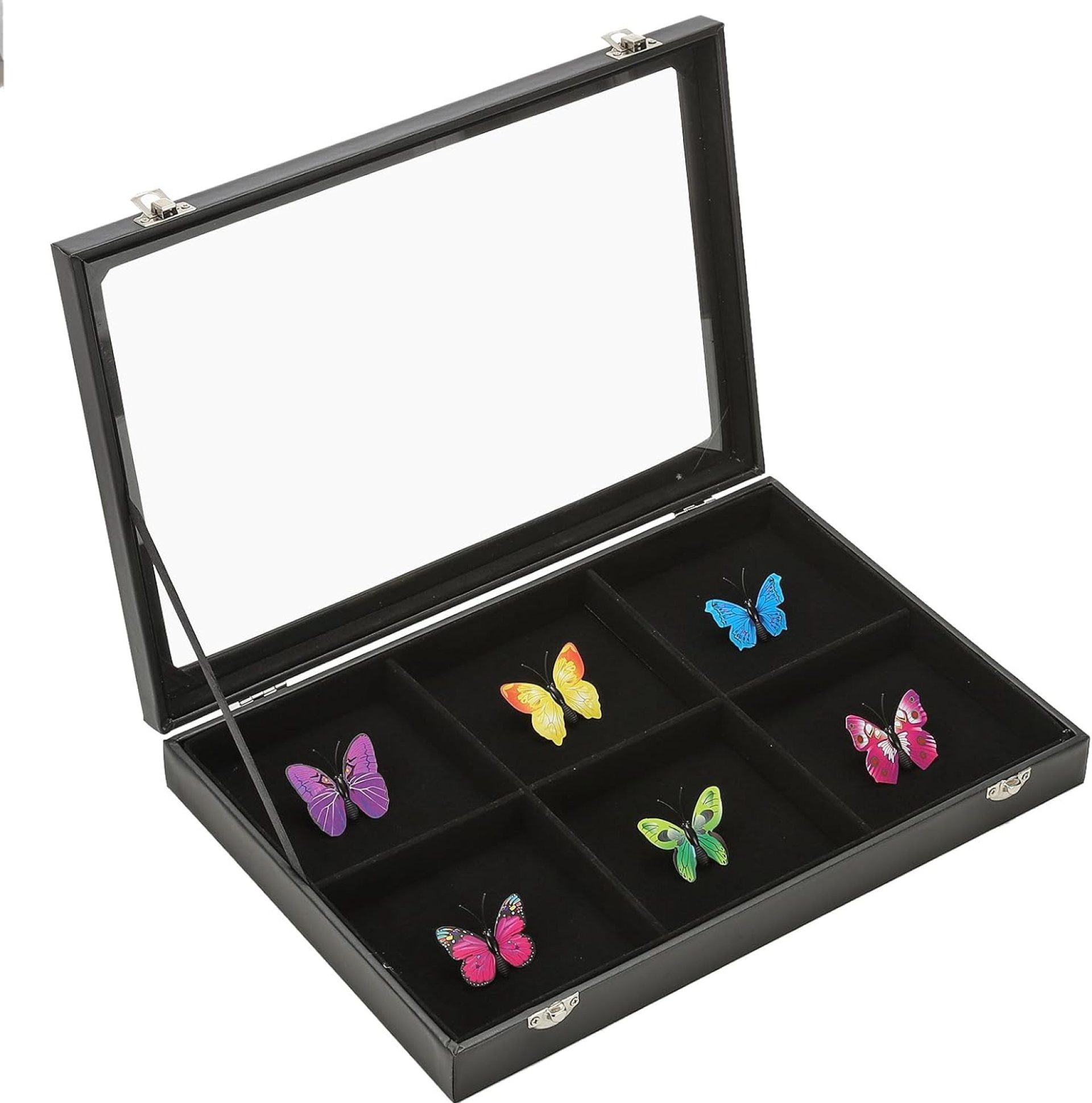 PATIKIL Pin Ring Display Case, 14″x9″ Jewelry Storage Shadow Box with Glass Door 6 Compartments for Jewelry Pin Collections, Medals Award Rings, Gifts, Black PATIKIL Pin Ring Display Case, 14″x9″ Jewelry Storage Shadow Box with Glass Door 6 Compartments for Jewelry Pin Collections, Medals Award Rings, Gifts, Black