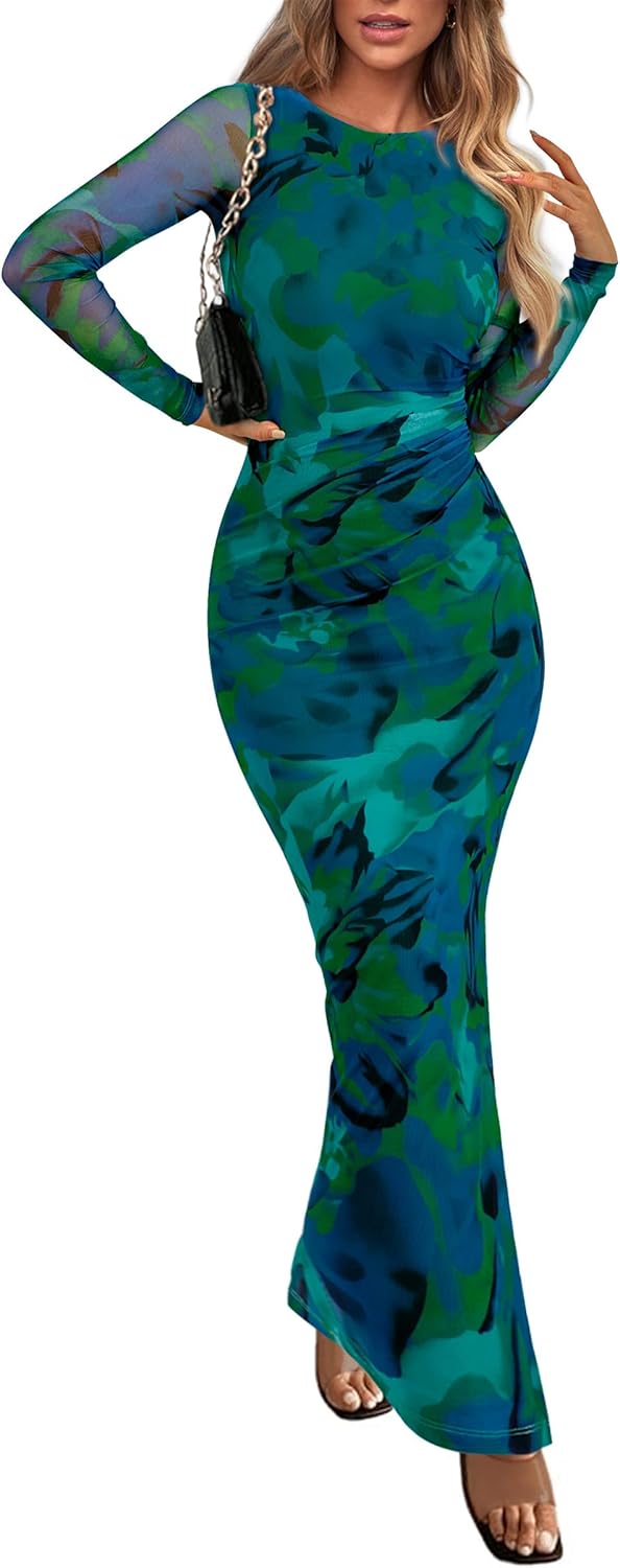 PRETTYGARDEN Women’s Bodycon Maxi Dress Fall Spring Fashion Long Sleeve Floral Print Tight Fitted Party Club Ruched Dresses PRETTYGARDEN Women’s Bodycon Maxi Dress Fall Spring Fashion Long Sleeve Floral Print Tight Fitted Party Club Ruched Dresses