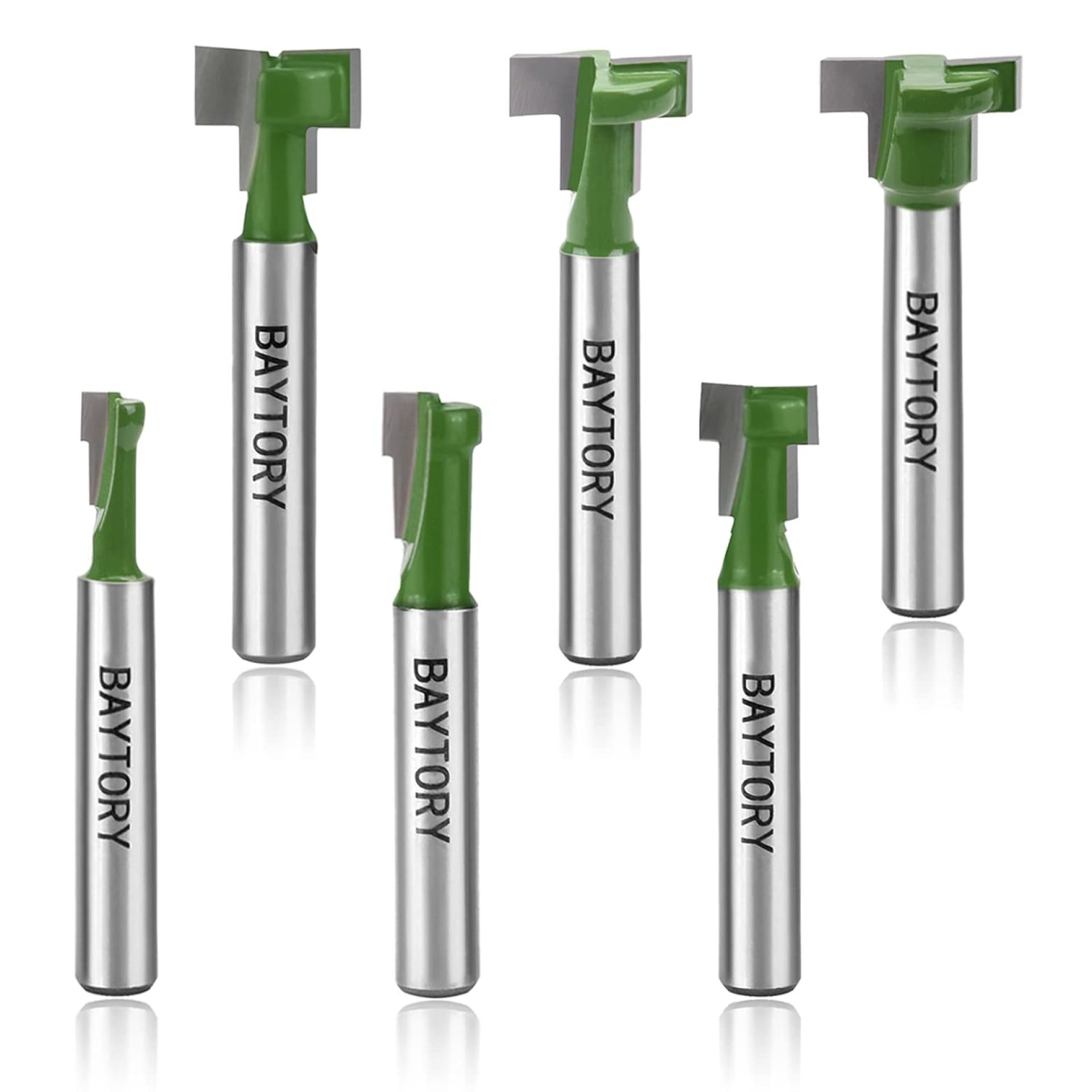 BAYTORY 6Pcs Keyhole Router Bits Set, 1/4″ Shank Router Keyhole Bit Set -1/4 & 5/16 & 3/8 & 9/16 & 1/2 & 5/8 inch Blade Diameter for Wood Hex Bolt T-Track Slotting Milling Cutters Set (Green) BAYTORY 6Pcs Keyhole Router Bits Set, 1/4″ Shank Router Keyhole Bit Set -1/4 & 5/16 & 3/8 & 9/16 & 1/2 & 5/8 inch Blade Diameter for Wood Hex Bolt T-Track Slotting Milling Cutters Set (Green)