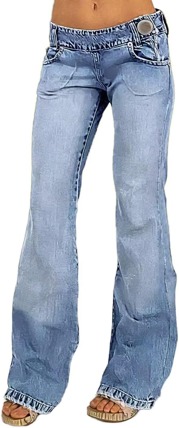 Flamingals Low Rise Flare Jeans for Women Trendy Y2K Button Side Bell Bottom Bootcut Jeans Flamingals Low Rise Flare Jeans for Women Trendy Y2K Button Side Bell Bottom Bootcut Jeans
