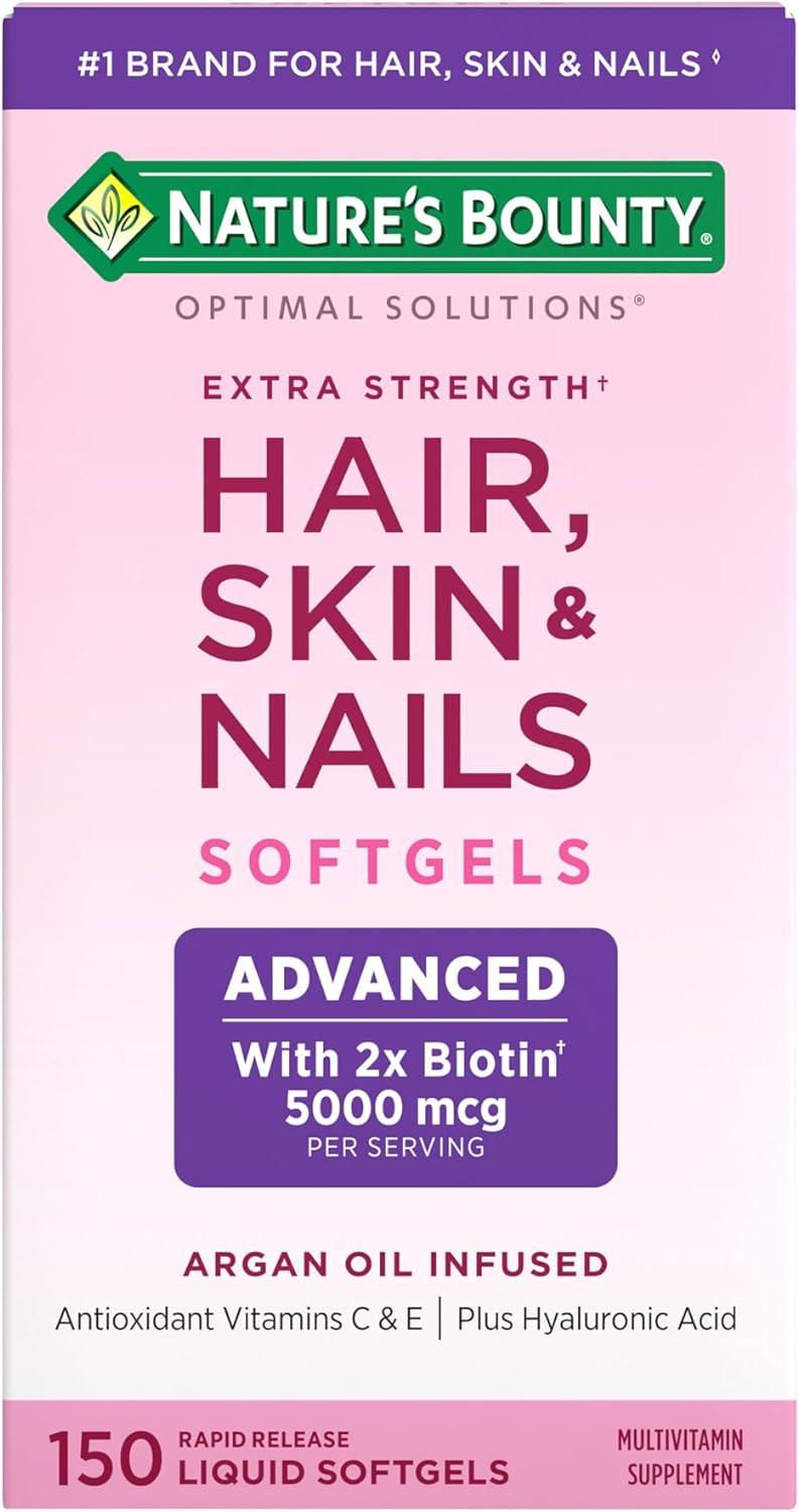 Nature’s Bounty Advanced Hair, Skin & Nails, Argan-Infused Vitamin Supplement with Biotin and Hyaluronic Acid, 150 Rapid Release Softgels, 50 Total Servings Nature’s Bounty Advanced Hair, Skin & Nails, Argan-Infused Vitamin Supplement with Biotin and Hyaluronic Acid, 150 Rapid Release Softgels, 50 Total Servings