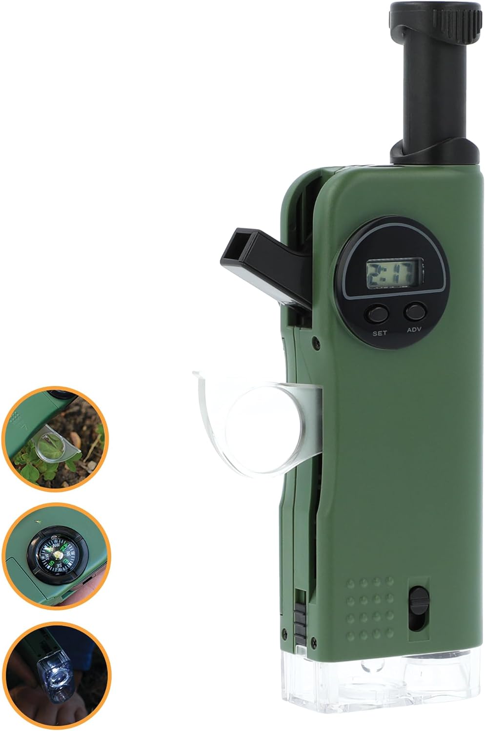 Carson X-Scope Kids 7 Function Multi Purpose Optical Pocket Tool with 30x Microscope, 8x Telescope, 9x Fold-Out Magnifier, Flashlight, Signal Whistle, Directional Compass and Digital Clock (CP-11) Carson X-Scope Kids 7 Function Multi Purpose Optical Pocket Tool with 30x Microscope, 8x Telescope, 9x Fold-Out Magnifier, Flashlight, Signal Whistle, Directional Compass and Digital Clock (CP-11)