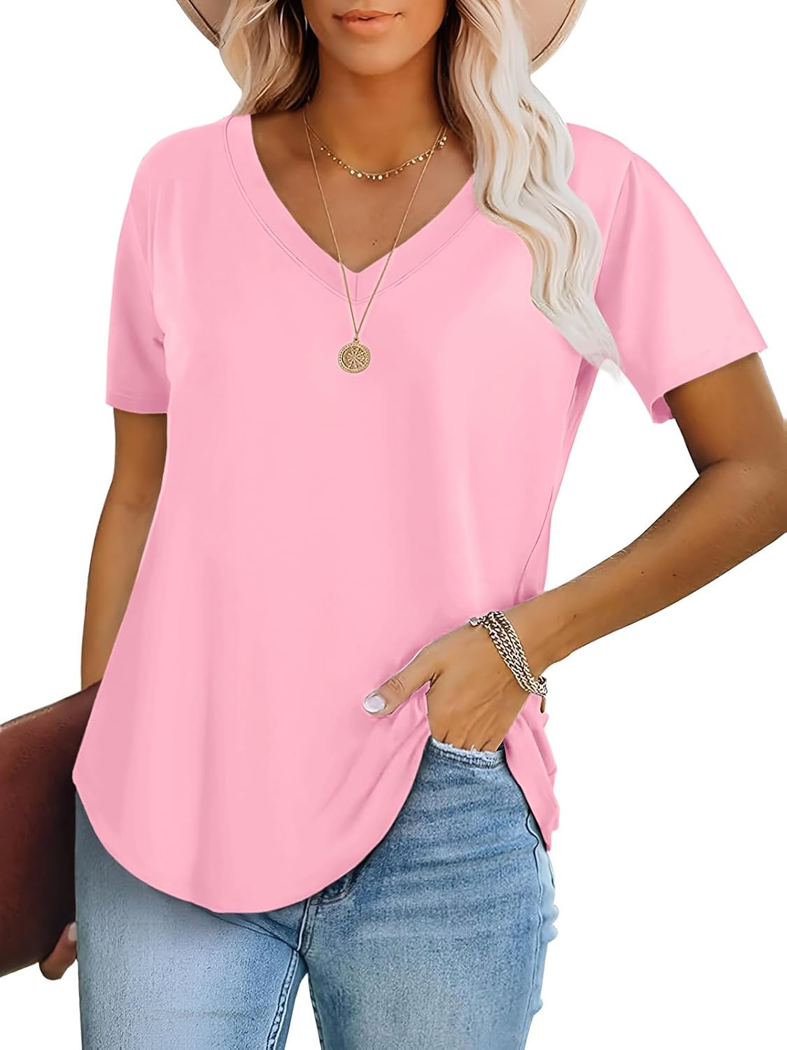 ATHMILE Womens V Neck Short Sleeve Summer T Shirts Curved Hem Plain Top Beach ATHMILE Womens V Neck Short Sleeve Summer T Shirts Curved Hem Plain Top Beach