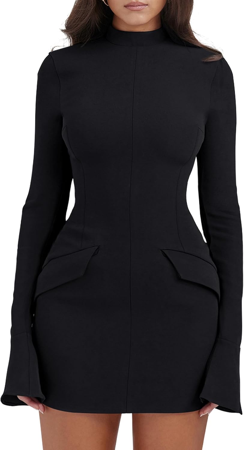 YMDUCH Women’s Long Sleeve Mock Turtle Neck Bodycon Mini Tank Short Party Dress YMDUCH Women’s Long Sleeve Mock Turtle Neck Bodycon Mini Tank Short Party Dress