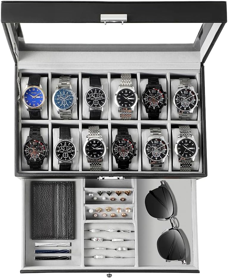 GUKA Watch Box 12 Slot Watch Display Organizer Leather Jewelry Case Drawer Glass Birthday for Men Women, Child Husband Dad GUKA Watch Box 12 Slot Watch Display Organizer Leather Jewelry Case Drawer Glass Birthday for Men Women, Child Husband Dad