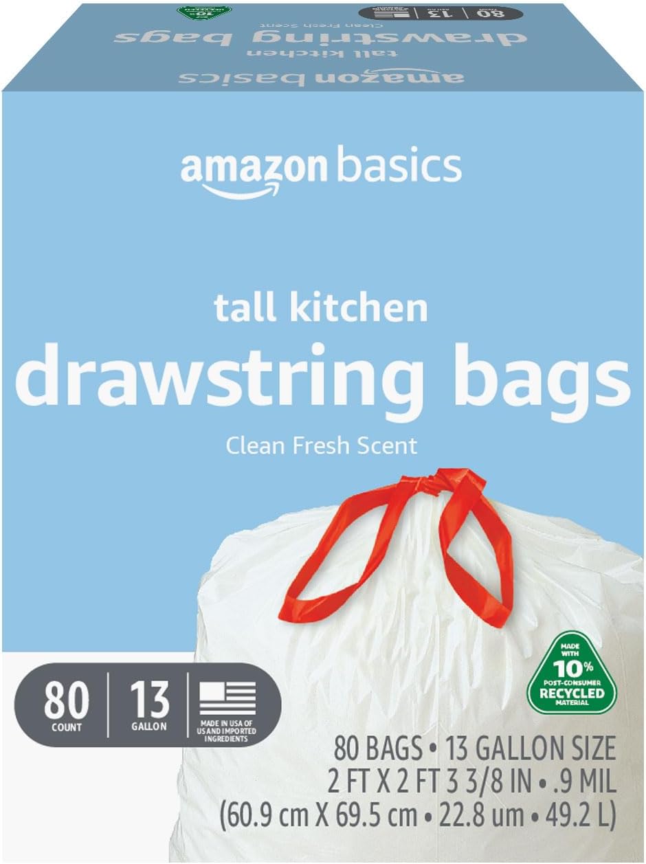 Amazon Basics 13 Gallon Tall Kitchen Drawstring Trash Bags, Clean Fresh Scent, 10% Post Consumer Recycled, 80 count Amazon Basics 13 Gallon Tall Kitchen Drawstring Trash Bags, Clean Fresh Scent, 10% Post Consumer Recycled, 80 count