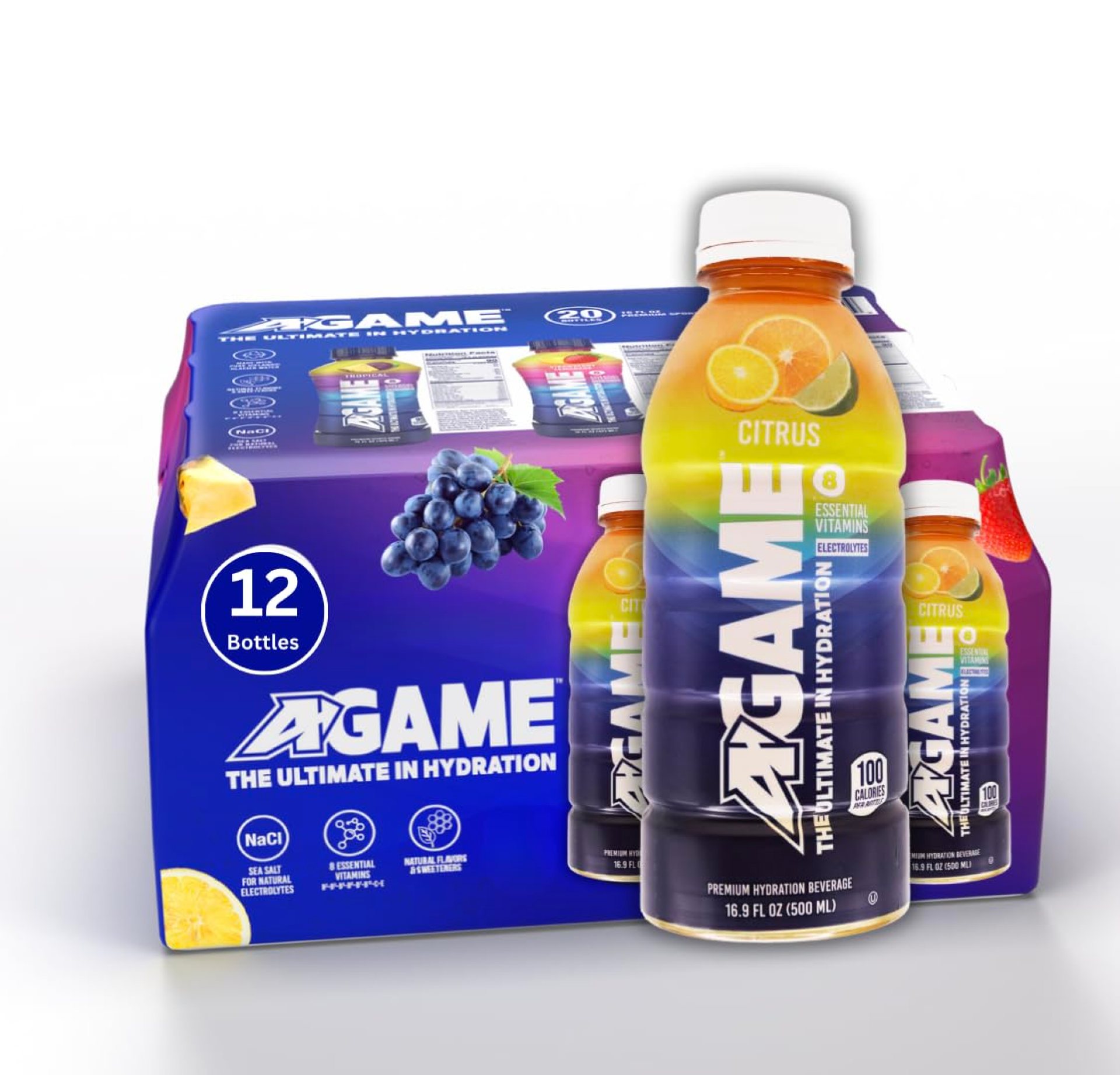 A-GAME Sports Drink, Citrus, The Ultimate Hydration Sports Beverage for Athletes, 8 Essential Vitamins including B, C, & E plus Natural Sea Salt Electrolytes, All Natural Flavors & Sweeteners, Gluten Free, 16.9 Fl Oz (Pack of 12) A-GAME Sports Drink, Citrus, The Ultimate Hydration Sports Beverage for Athletes, 8 Essential Vitamins including B, C, & E plus Natural Sea Salt Electrolytes, All Natural Flavors & Sweeteners, Gluten Free, 16.9 Fl Oz (Pack of 12)