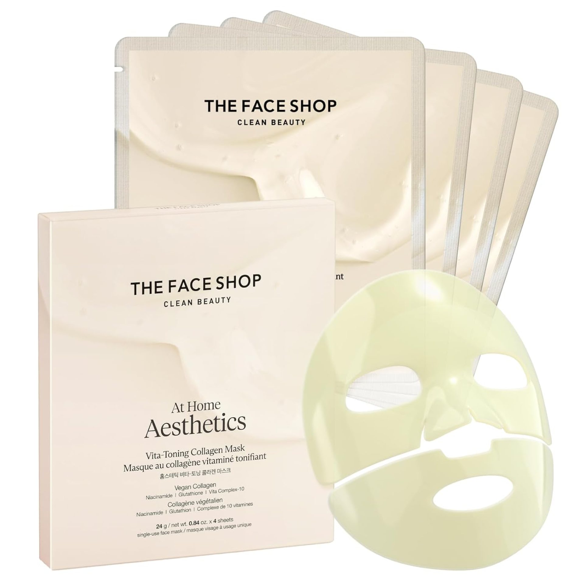 THE FACE SHOP Vita-Toning Vegan Collagen Face Mask, Korean Glass Skin Essential, Hydrogel Mask for Moisturizing & Skin Elasticity, Improves Uneven Tone, 4EA THE FACE SHOP Vita-Toning Vegan Collagen Face Mask, Korean Glass Skin Essential, Hydrogel Mask for Moisturizing & Skin Elasticity, Improves Uneven Tone, 4EA