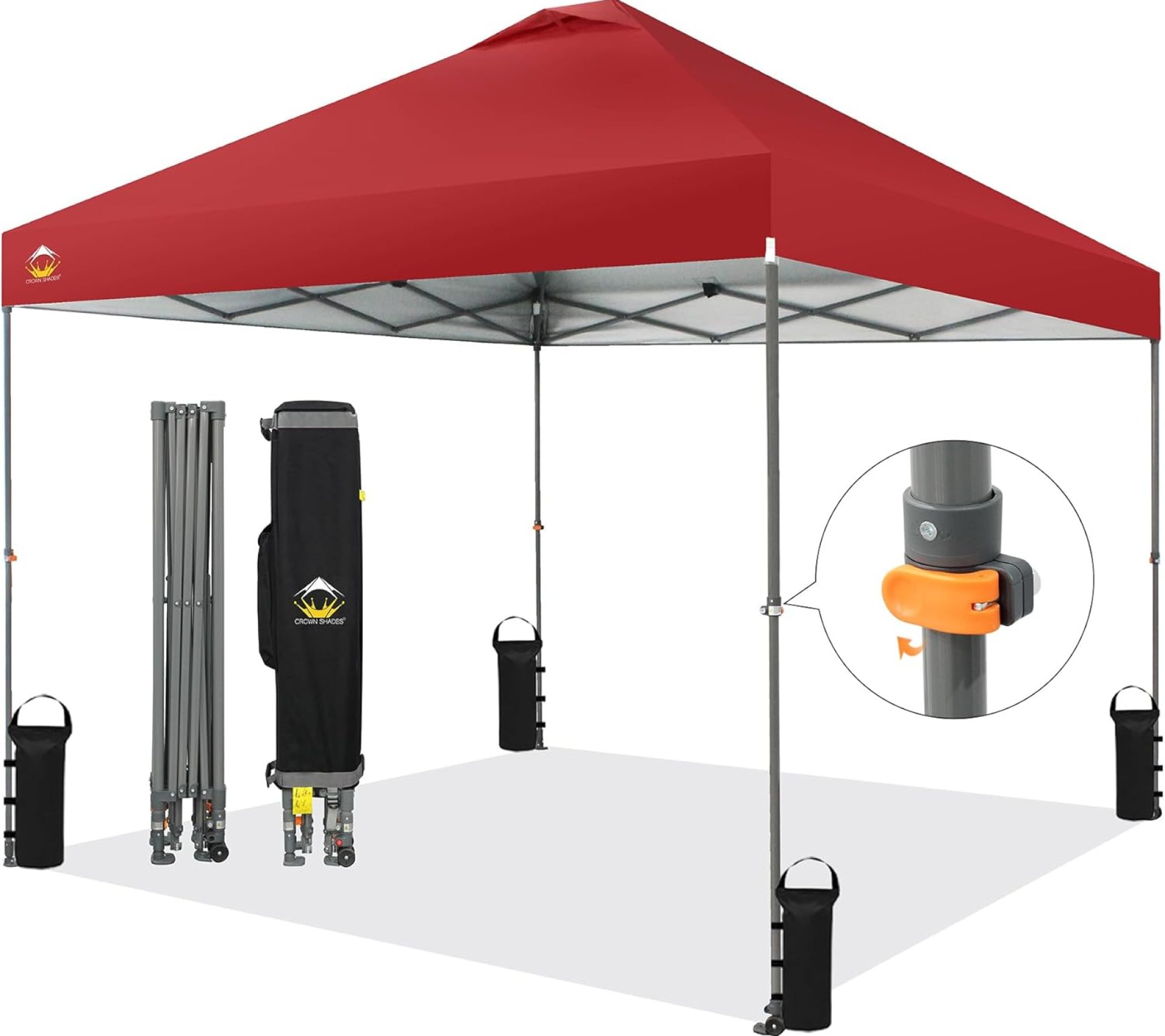 CROWN SHADES Adjustable Height on The Fly, 10×10 Pop Up Canopy – Beach Tent with One Push Setup – Easy Outdoor Sun Shade for Events, Parties, Camping – Outside Shade with STO-N-Go Bag, Red CROWN SHADES Adjustable Height on The Fly, 10×10 Pop Up Canopy – Beach Tent with One Push Setup – Easy Outdoor Sun Shade for Events, Parties, Camping – Outside Shade with STO-N-Go Bag, Red