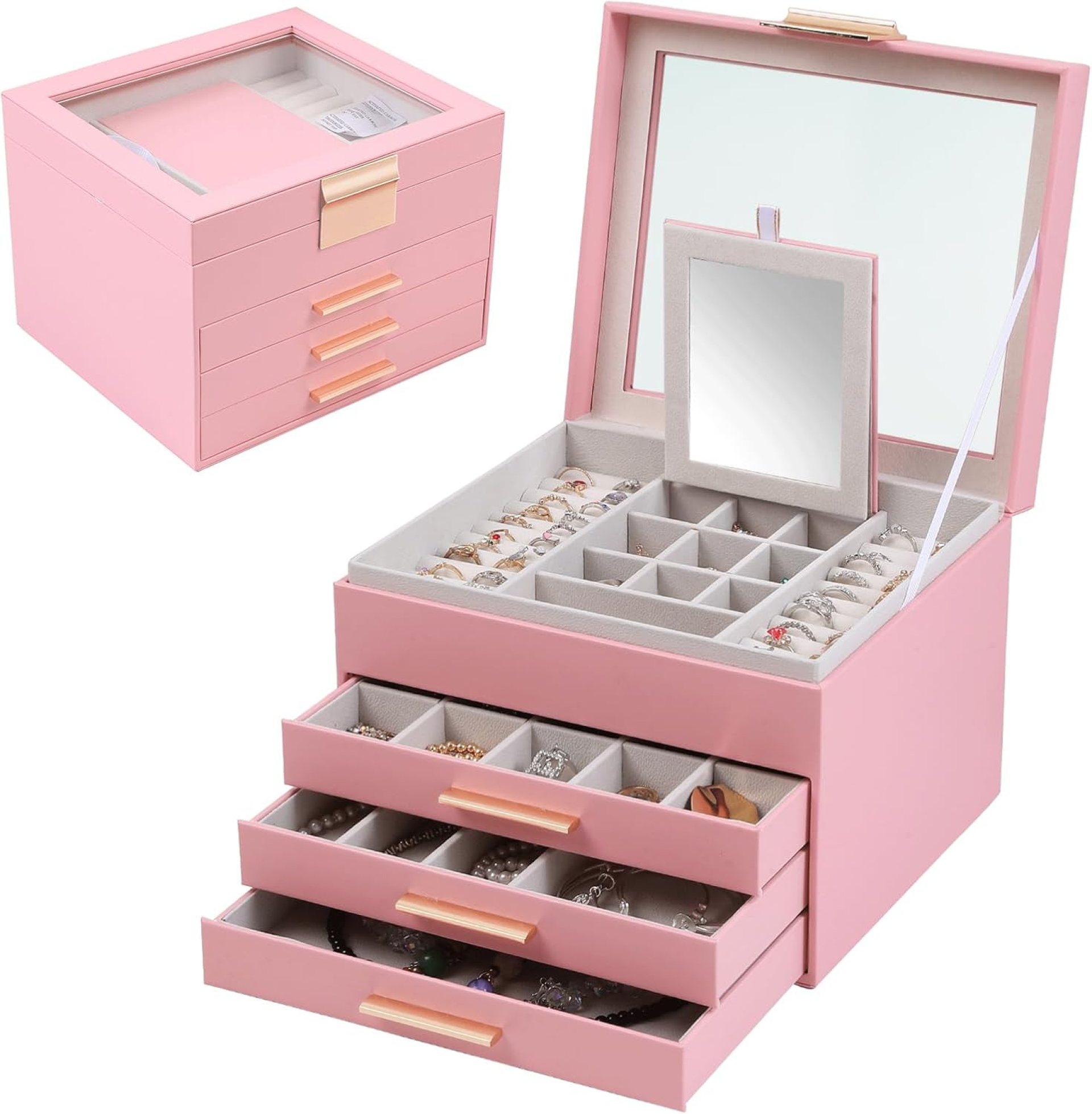 Jewelry Box with Glass Lids,4 Layer Large Jewelry Boxes for Women, Jewelry Holder Organizer for Necklace, Bracelet, Earrings,Storage Gifts for Women (4 layer Pink) Jewelry Box with Glass Lids,4 Layer Large Jewelry Boxes for Women, Jewelry Holder Organizer for Necklace, Bracelet, Earrings,Storage Gifts for Women (4 layer Pink)
