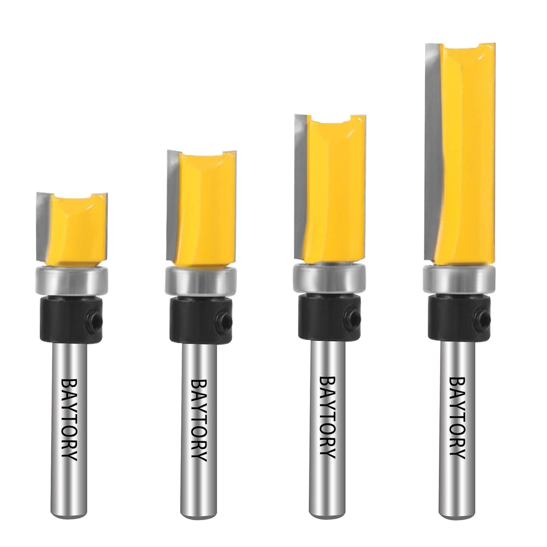 BAYTORY Professional Pattern Flush Trim Router Bit Set with 1/4 inch Shank, 4Pcs 1/2″ Cutting Diameter Carbide Bits with Top Bearing Prevent Tear-Out, Template Guide Woodworking Milling Cutter Tool BAYTORY Professional Pattern Flush Trim Router Bit Set with 1/4 inch Shank, 4Pcs 1/2″ Cutting Diameter Carbide Bits with Top Bearing Prevent Tear-Out, Template Guide Woodworking Milling Cutter Tool