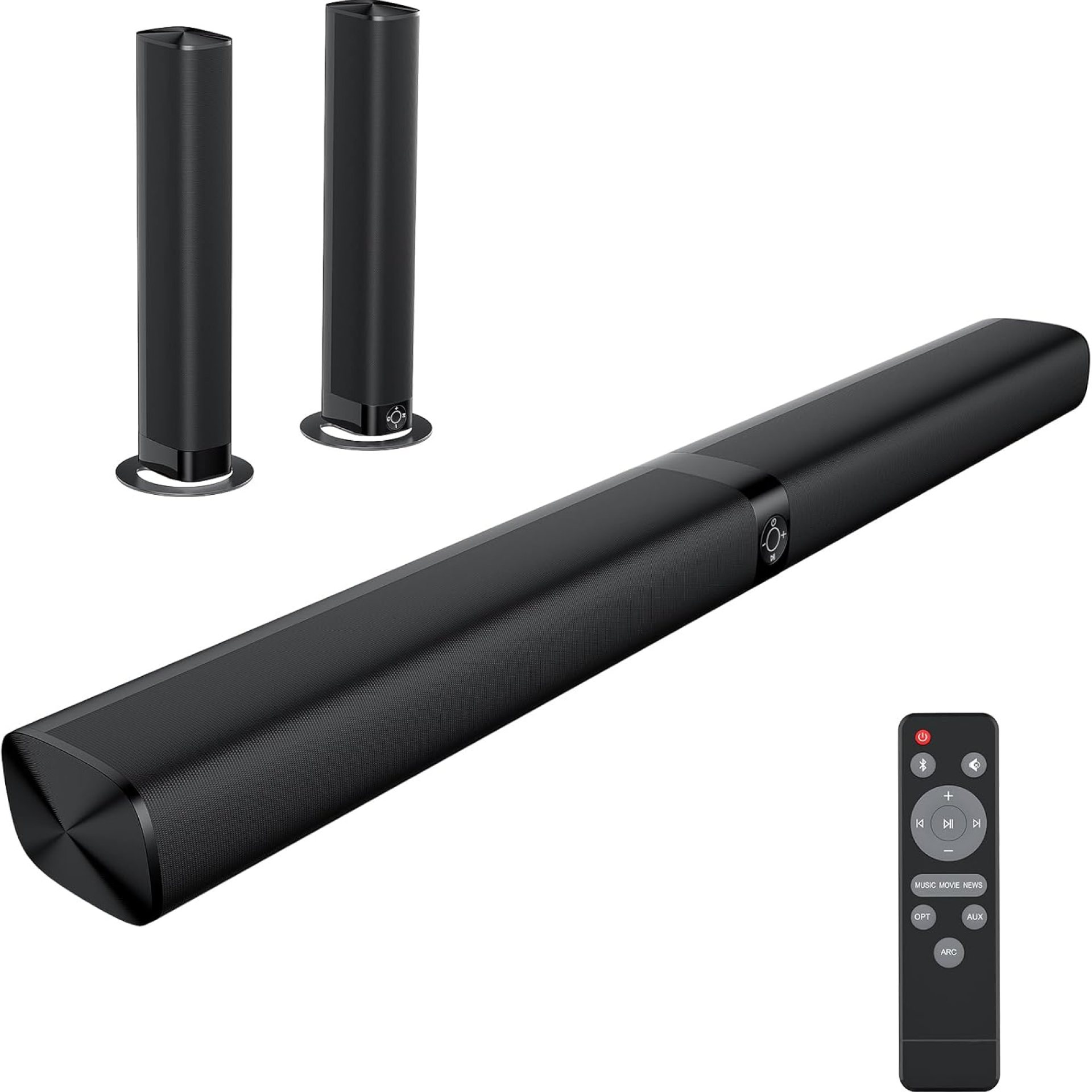 Sound Bar for Smart TV, Soundbar with Bluetooth/ARC/Opt/AUX Connect, Auto Volume Boost, 3 Equalizer Modes, 2 in 1 Detachable Soundbar for TV/PC/Gaming/Projectors Sound Bar for Smart TV, Soundbar with Bluetooth/ARC/Opt/AUX Connect, Auto Volume Boost, 3 Equalizer Modes, 2 in 1 Detachable Soundbar for TV/PC/Gaming/Projectors