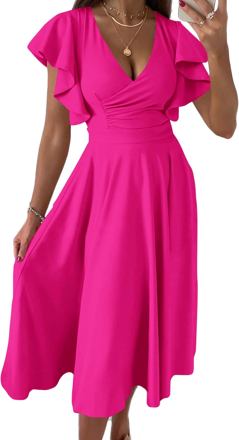 PRETTYGARDEN Summer Midi Dress 2025 Spring Ruffle Sleeve V Neck Cocktail Wedding Guest A Line Fit and Flared Dresses PRETTYGARDEN Summer Midi Dress 2025 Spring Ruffle Sleeve V Neck Cocktail Wedding Guest A Line Fit and Flared Dresses