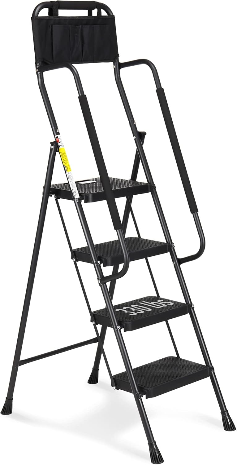 HBTower 4 Step Ladder with Handrails, 330 lbs Folding Step Stool with Attachable Tool Bag & Anti-Slip Wide Pedal for Home Kitchen Pantry Office, Black HBTower 4 Step Ladder with Handrails, 330 lbs Folding Step Stool with Attachable Tool Bag & Anti-Slip Wide Pedal for Home Kitchen Pantry Office, Black