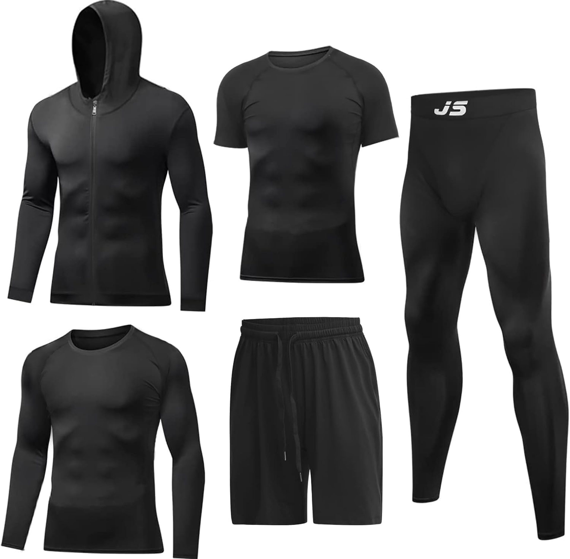 JULY’S SONG Men Compression Workout Set 5 PCS Dry Quick Shirt Pants Shorts Tights Jacket Clothes for Gym JULY’S SONG Men Compression Workout Set 5 PCS Dry Quick Shirt Pants Shorts Tights Jacket Clothes for Gym