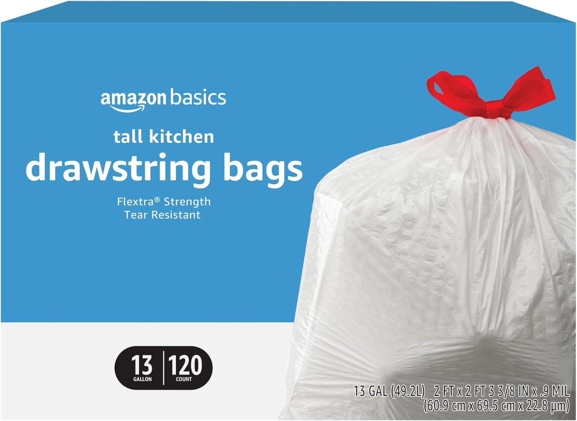 Amazon Basics Flextra Tall Kitchen Drawstring Trash Bags, 13 Gallon, 120 Count Amazon Basics Flextra Tall Kitchen Drawstring Trash Bags, 13 Gallon, 120 Count