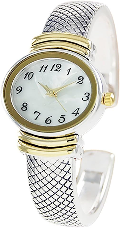 Rosemarie Collections Women’s Stylish Oval Shaped Mother of Pearl Face and Textured Cuff Watch Bracelet (Silver/Gold) Rosemarie Collections Women’s Stylish Oval Shaped Mother of Pearl Face and Textured Cuff Watch Bracelet (Silver/Gold)