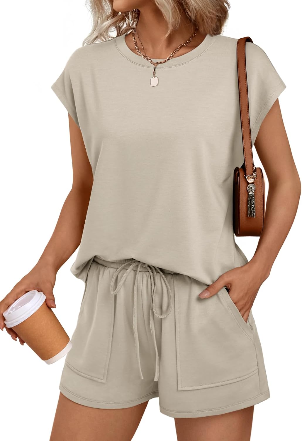 LILLUSORY Womens Crew Neck Cap Sleeve Drawstring Two Piece Summer short Sets Sweatsuit with Pocket LILLUSORY Womens Crew Neck Cap Sleeve Drawstring Two Piece Summer short Sets Sweatsuit with Pocket