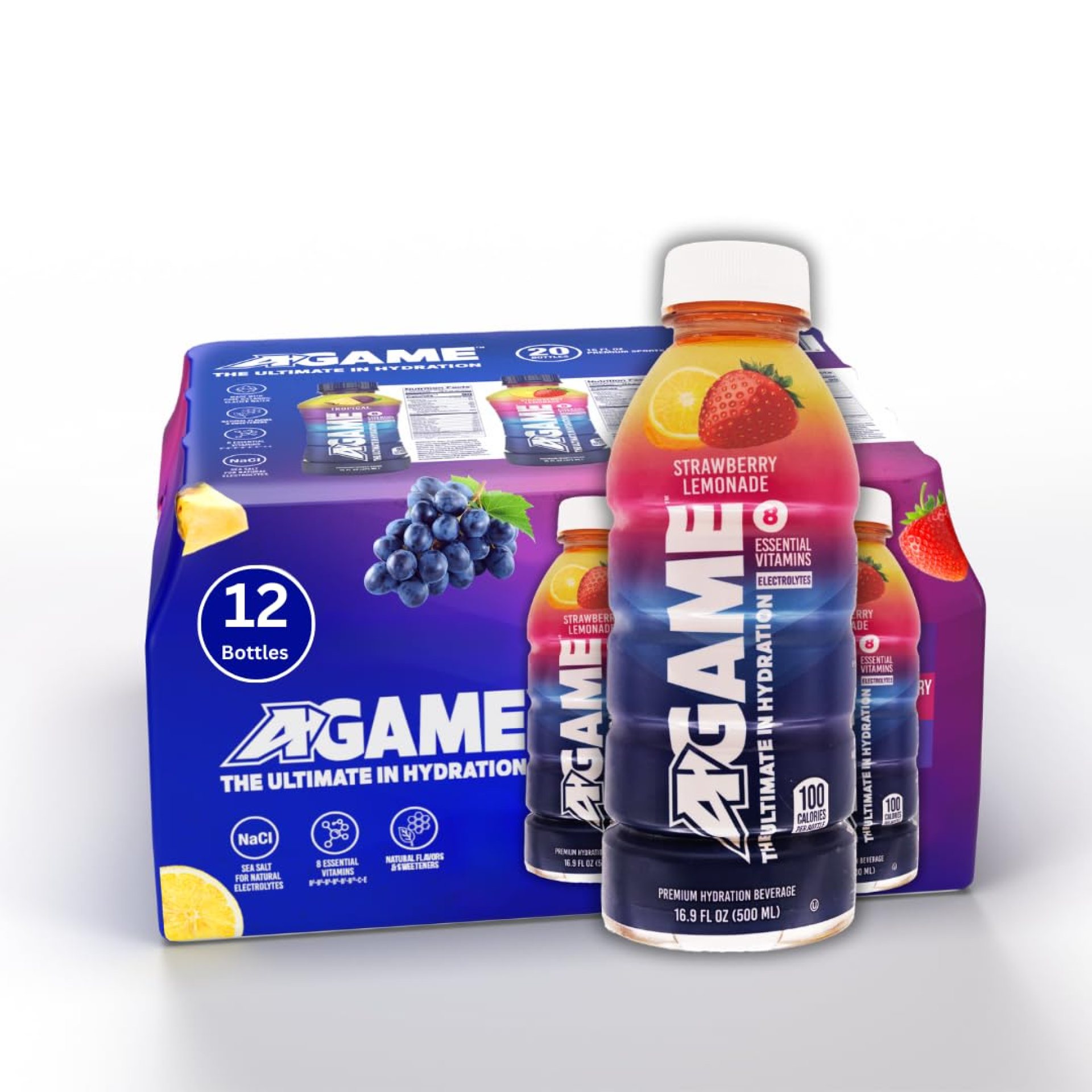 A-GAME Sports Drink, Strawberry Lemonade, The Ultimate Hydration Sports Beverage for Athletes, 8 Essential Vitamins including B, C, & E plus Natural Sea Salt Electrolytes, All Natural Flavors & Sweeteners, Gluten Free, 16.9 Fl Oz (Pack of 12) A-GAME Sports Drink, Strawberry Lemonade, The Ultimate Hydration Sports Beverage for Athletes, 8 Essential Vitamins including B, C, & E plus Natural Sea Salt Electrolytes, All Natural Flavors & Sweeteners, Gluten Free, 16.9 Fl Oz (Pack of 12)