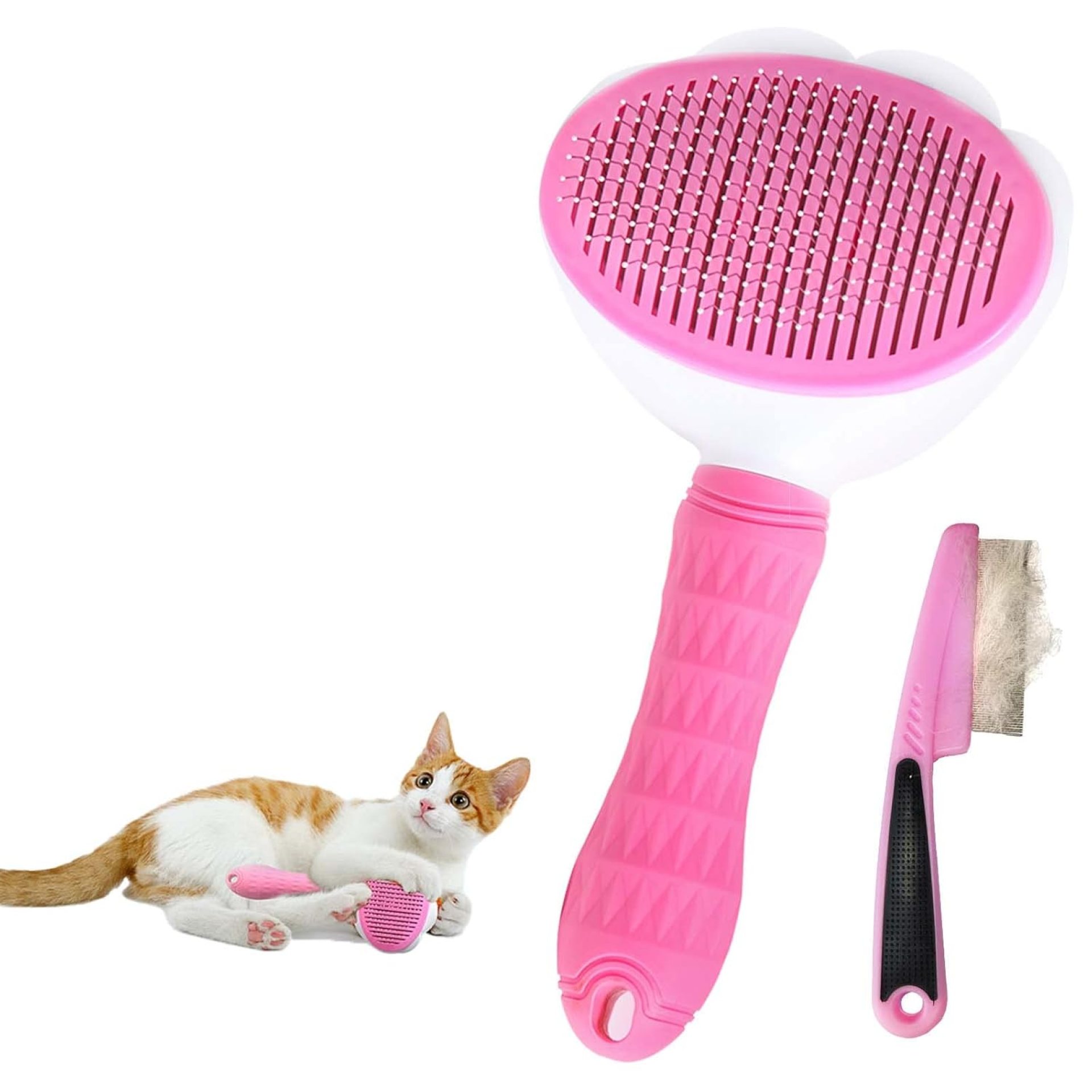 Cat Brush for Grooming, Pet Self Cleaning Slicker Brush with Cat Hair Comb (PINK PLUS) Cat Brush for Grooming, Pet Self Cleaning Slicker Brush with Cat Hair Comb (PINK PLUS)