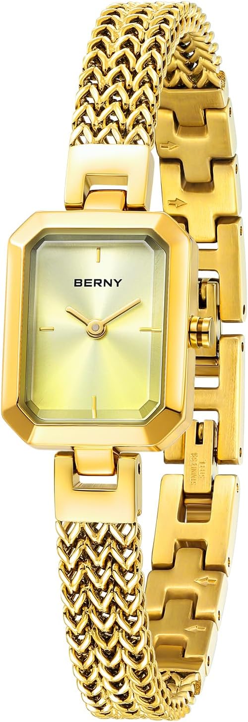 BERNY Gold Watch for Women Dainty Quartz Bracelet Watch Ladies Rectangle Mini Wrist Watches Small Fashion 3ATM Waterproof All Stainless Steel Detachable Watch Band BERNY Gold Watch for Women Dainty Quartz Bracelet Watch Ladies Rectangle Mini Wrist Watches Small Fashion 3ATM Waterproof All Stainless Steel Detachable Watch Band