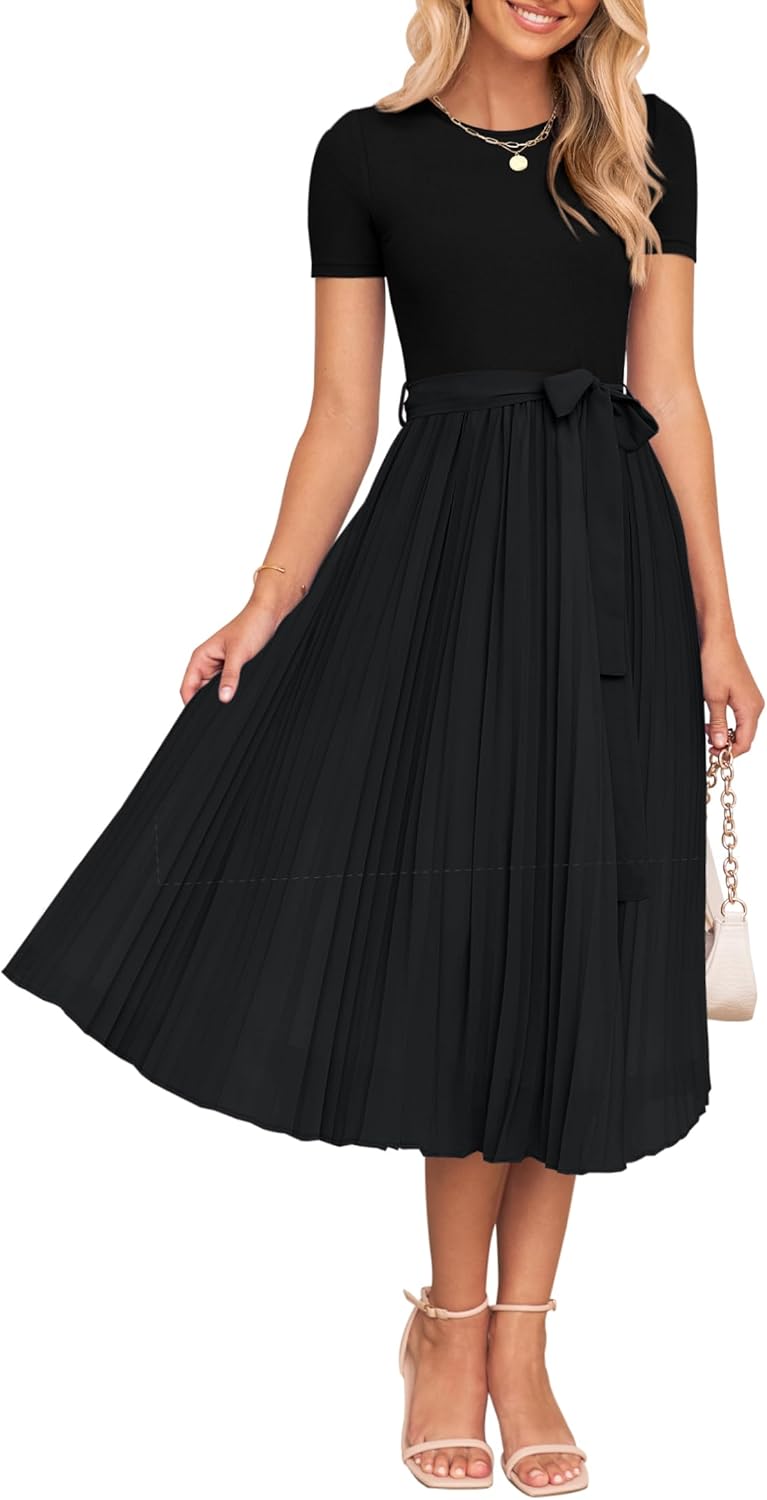 ZESICA Womens 2025 Summer Short Sleeve Midi Dresses Casual Crew Neck Knit Belted Pleated A Line Flowy Wedding Guest Dress ZESICA Womens 2025 Summer Short Sleeve Midi Dresses Casual Crew Neck Knit Belted Pleated A Line Flowy Wedding Guest Dress